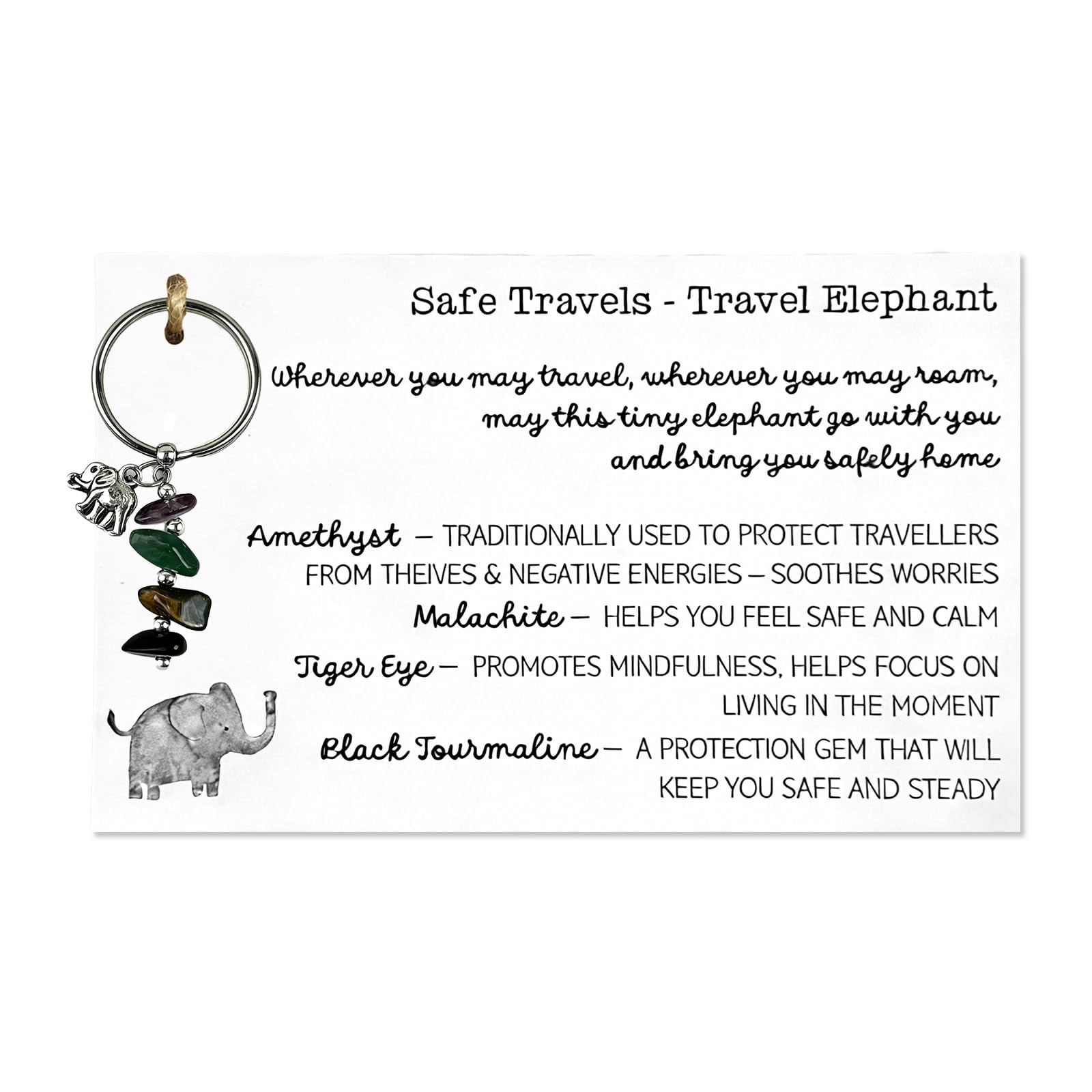 Zenthraa Unisex Silver Safe Travels Travel Elephant Charm Keychain – Healing Crystal Gift Set With Amethyst, Malachite, Tiger Eye & Tourmaline For Protection, Self-Care & Courage, Unique Travel Gifts For Women & Travellers