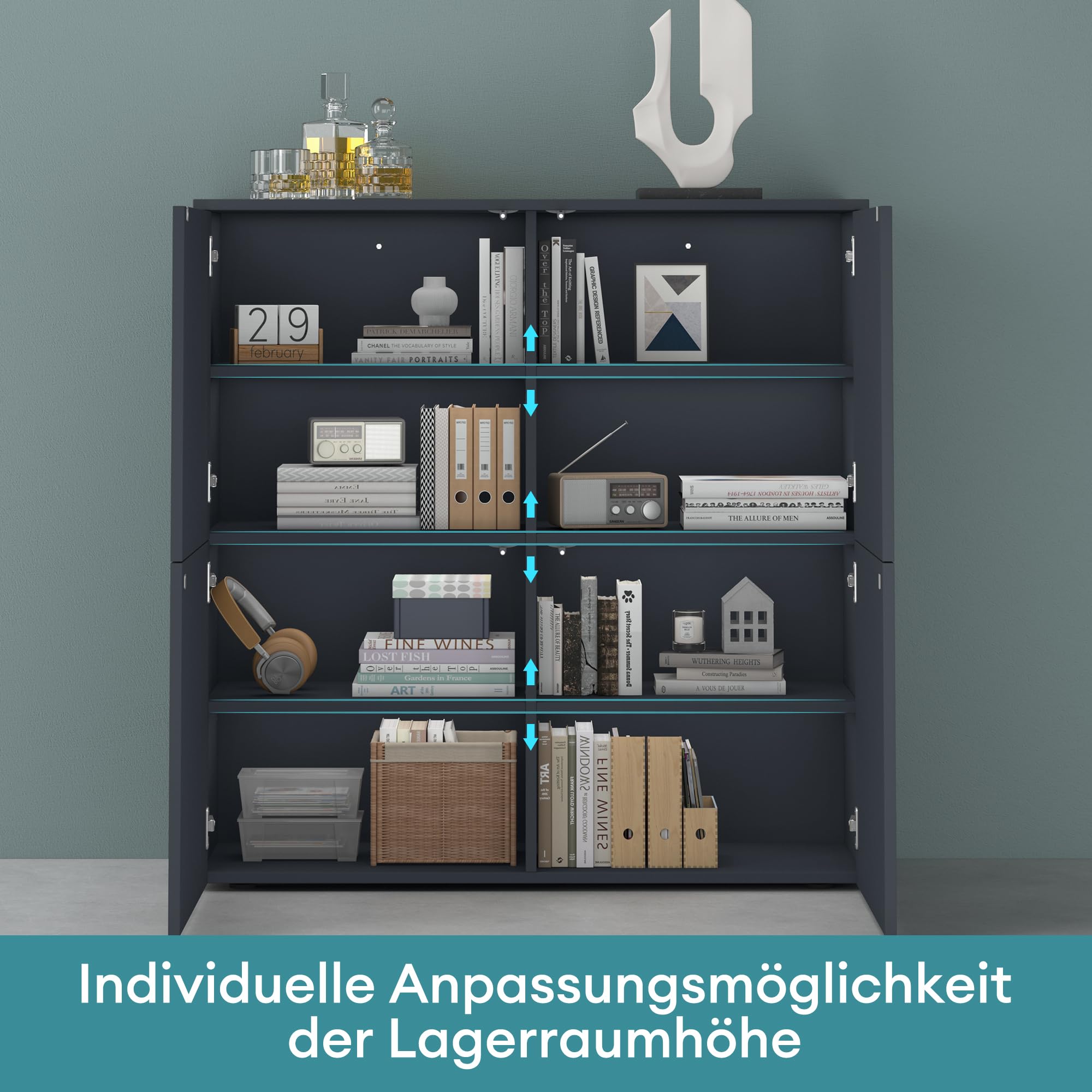 Mai & Mai Sideboard 100cm Kommode 4 Türen Soft-Close grifflos Stauraum | Kommodenschrank, Wohnzimmer Möbel, Flurschrank, bis zu 8 Staufächer, Anthrazit matt, BxTxH:100x36,4x98cm, Schrank04