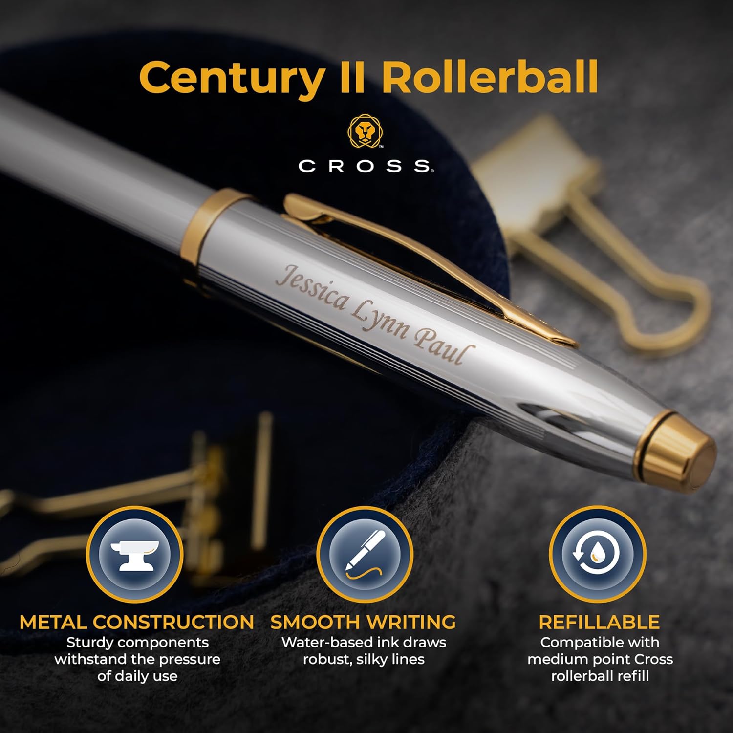 Cross Century II Medalist Rollerball Pen, Chrome and Gold Appointments, Custom Engraved — Graduation, Retirement, Promotion, or Holiday Gift