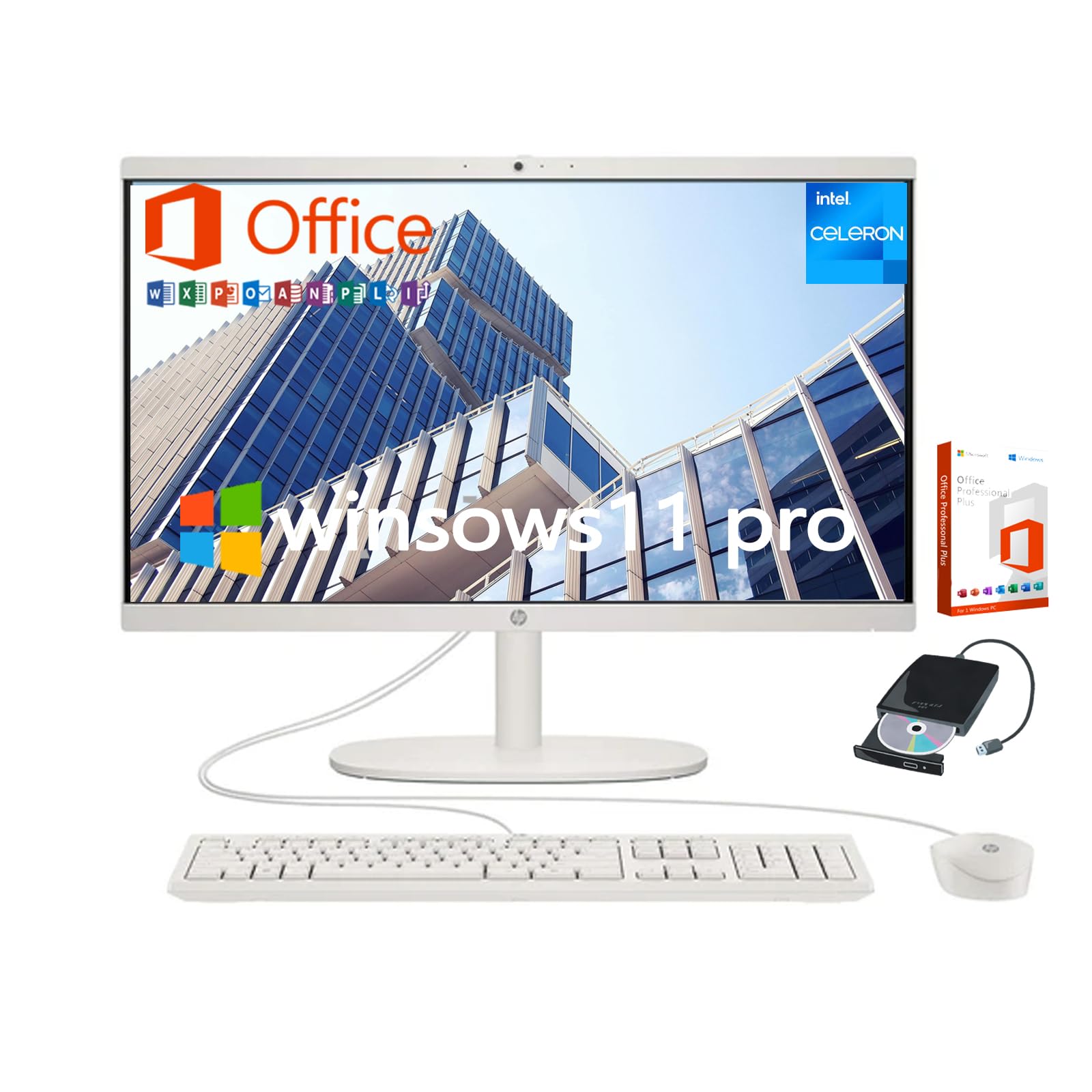 HP 21.5" FHD All-in-One Desktop Computer, w/Office Lifetime & Win 11 Pro, Webcam, WiFi6,FHD Anti-Glare Display, HDMI, Intel Celeron J4025 Processor, Wired Keyboard & Mouse, 32GB RAM + 1TB SSD