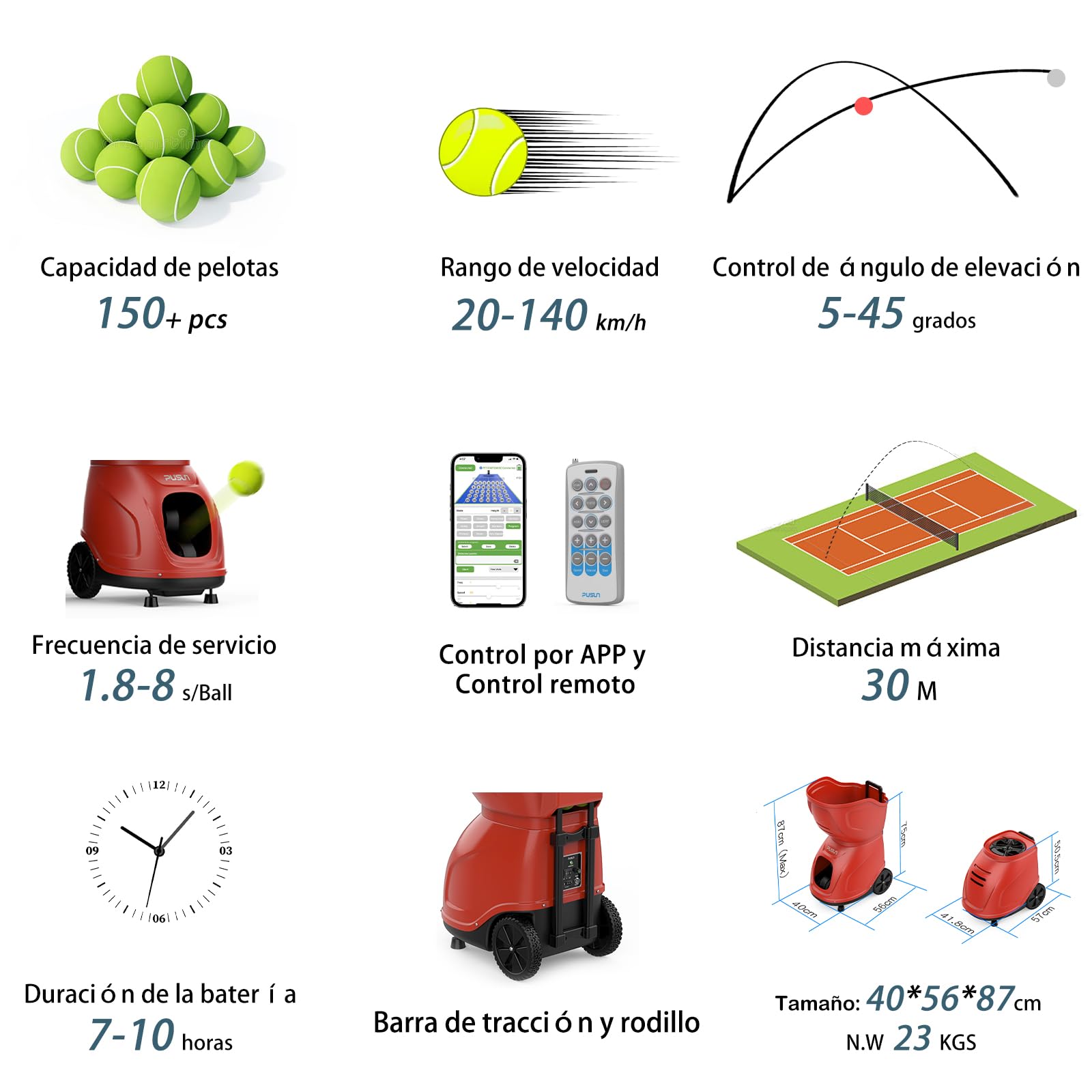 PUSUN PT-9001 PRO Máquina de pelotas de tenis inteligente insignia 150 pelotas 20-140 km/h 35 puntos 12 modos