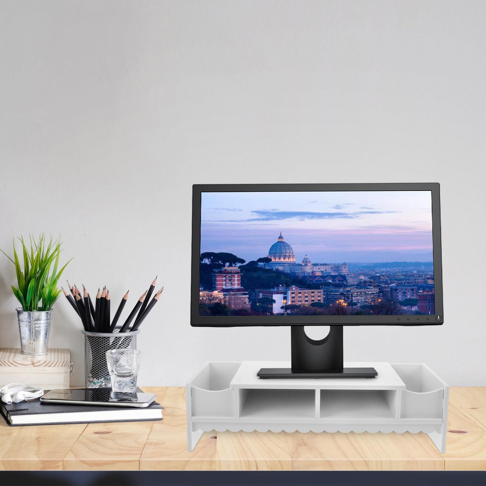 Healvian Estante Elevador de Almacenamiento Espacio Blanco de PVC para Monitor Multifunción para Escritorio de Oficina en Casa y Organización