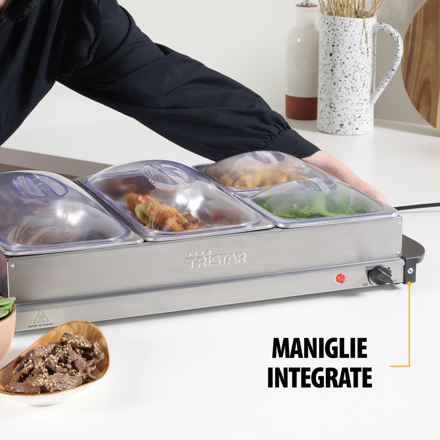 Tristar Scaldavivande Buffet in Acciaio Inox, 300 W, Termostato Regolabile, 4 Contenitori con Coperchio, Funzione Piastra Riscaldante e Mantieni Caldo, Argento, BP-6285