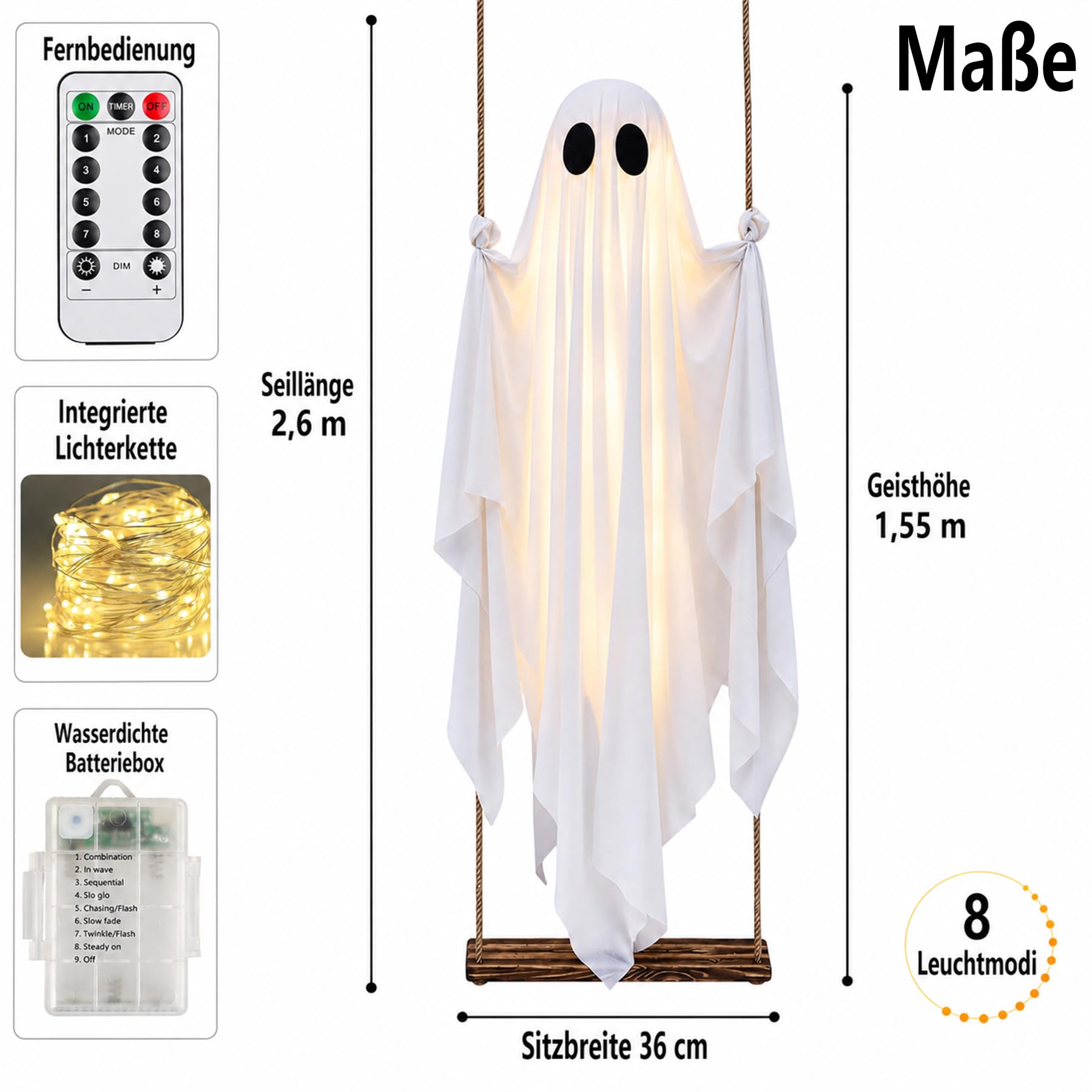 155cm LED Halloween Deko Outdoor Geist Hängen Deko mit Fernbedienung