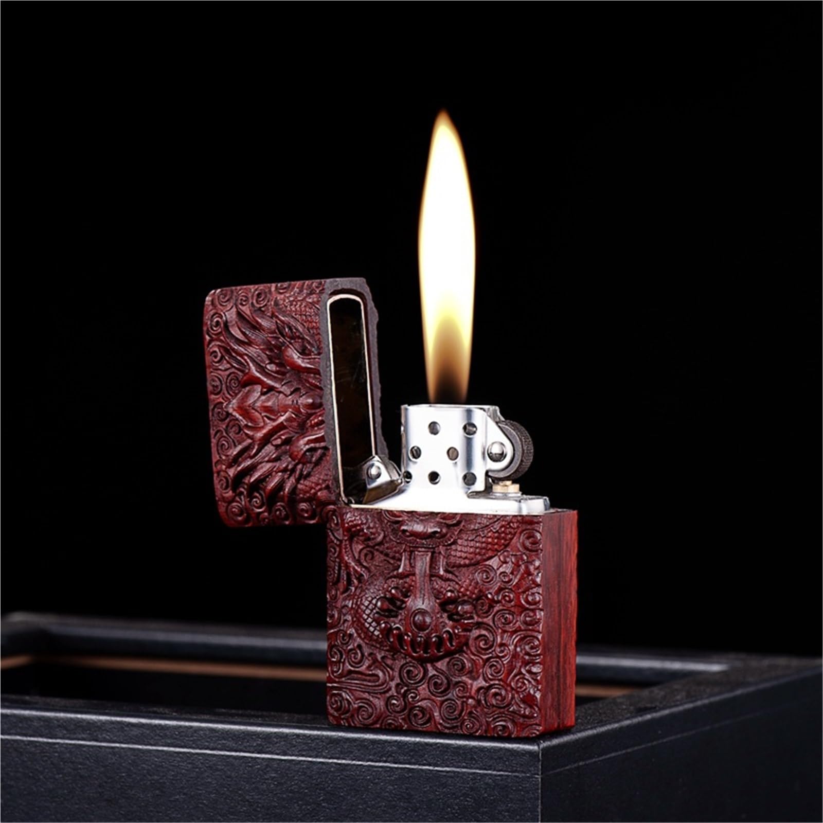 Briquet tempête au kérosène sculpté à la main avec doublure en cuivre pur et allumage de meule, rechargeable