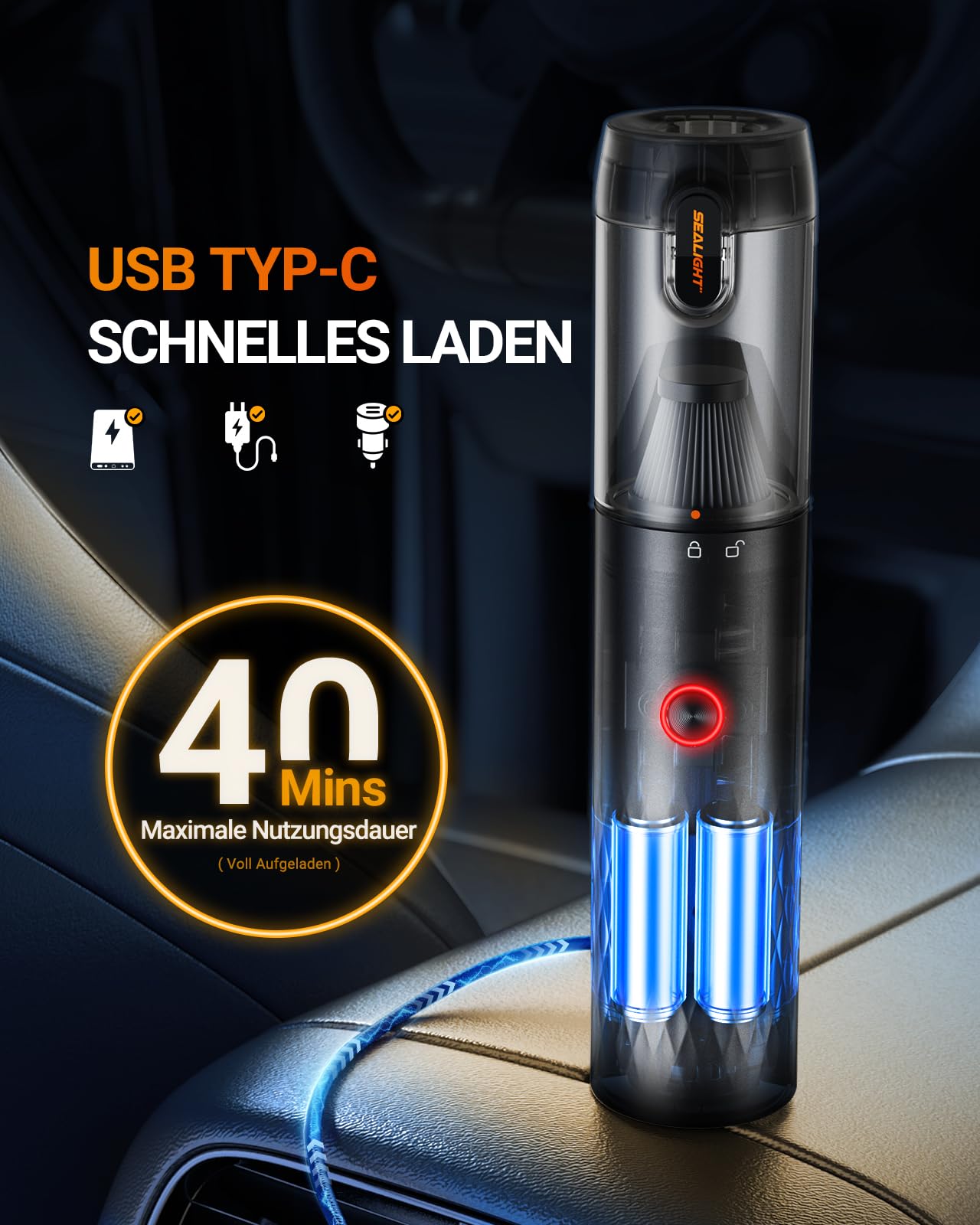 SEALIGHT Handstaubsauger, 29000Pa Akku Staubsauger Kabellos, 40 Minuten Akkulaufzeit, One-Touch Staubentleerung, Bürstenloser Motor, Autostaubsauger Stark per Auto, Haus, Tierhaare, Sofa Reinigung
