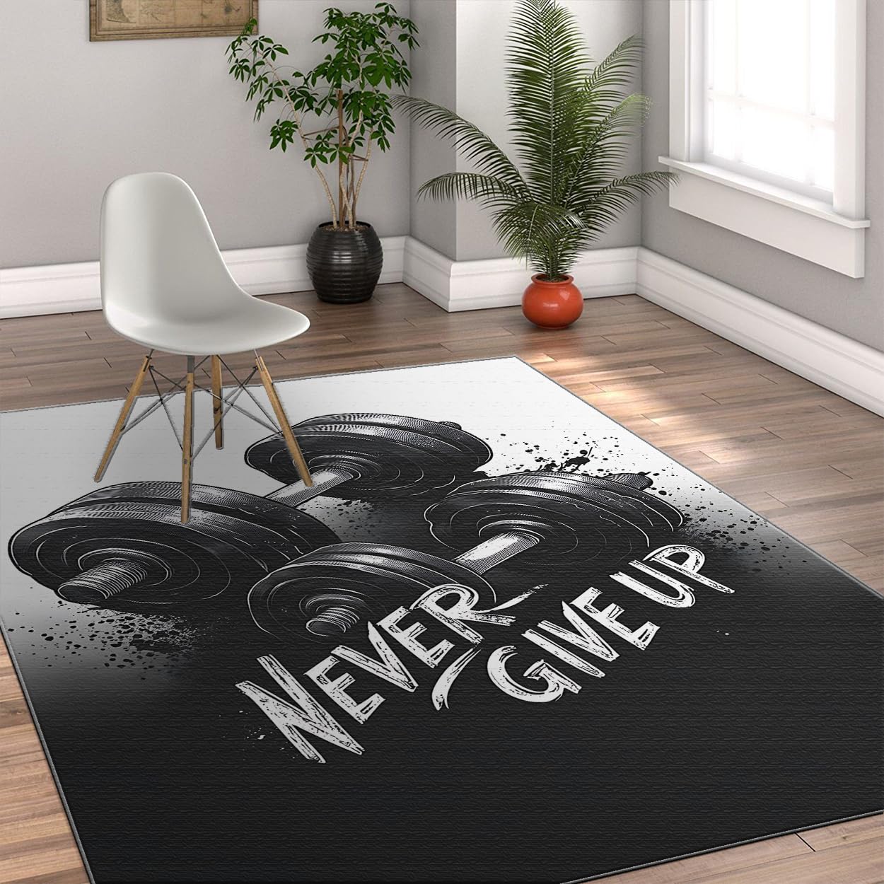 Motywacyjne dywaniki do fitnessu 200 x 300 cm czarno-szare hantle design dywan na siłownię trening nowoczesna dekoracja domu zmywalna cienka mata podłogowa