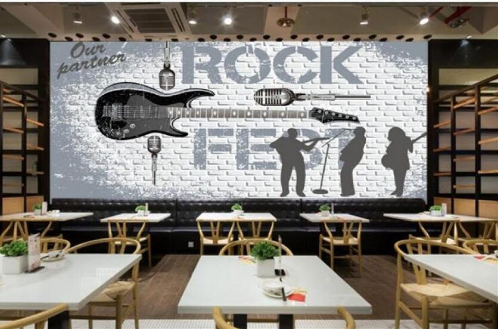 Papier Peint 3D Style Rétro Rock - Guitare Flamme, Décor Mural Pour Chambre, Bar, Salon (3.5m X 2.56m)