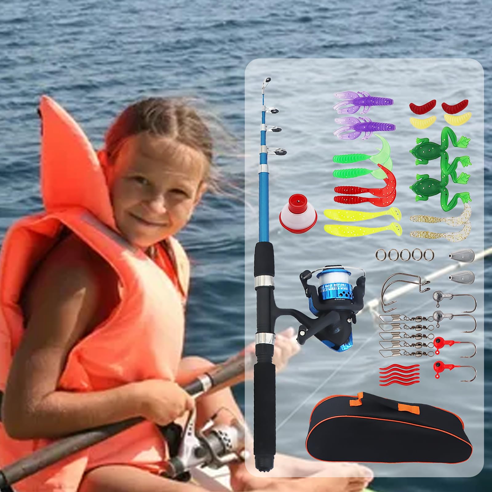 Kit de Canne à Pêche pour Enfants, Canne a Peche Enfant 150cm avec Moulinet et Leurres, pour Débutants, Ensemble Complet avec Accessoires et Sac de Transport pour Garçons et Filles