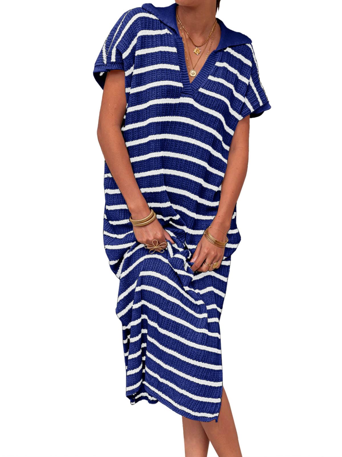 Saodimallsu Womens Striped Summer Dresses Short Sleeve V Neck Knit Collared Sexy Slit Loose Maxi Sweater Dress