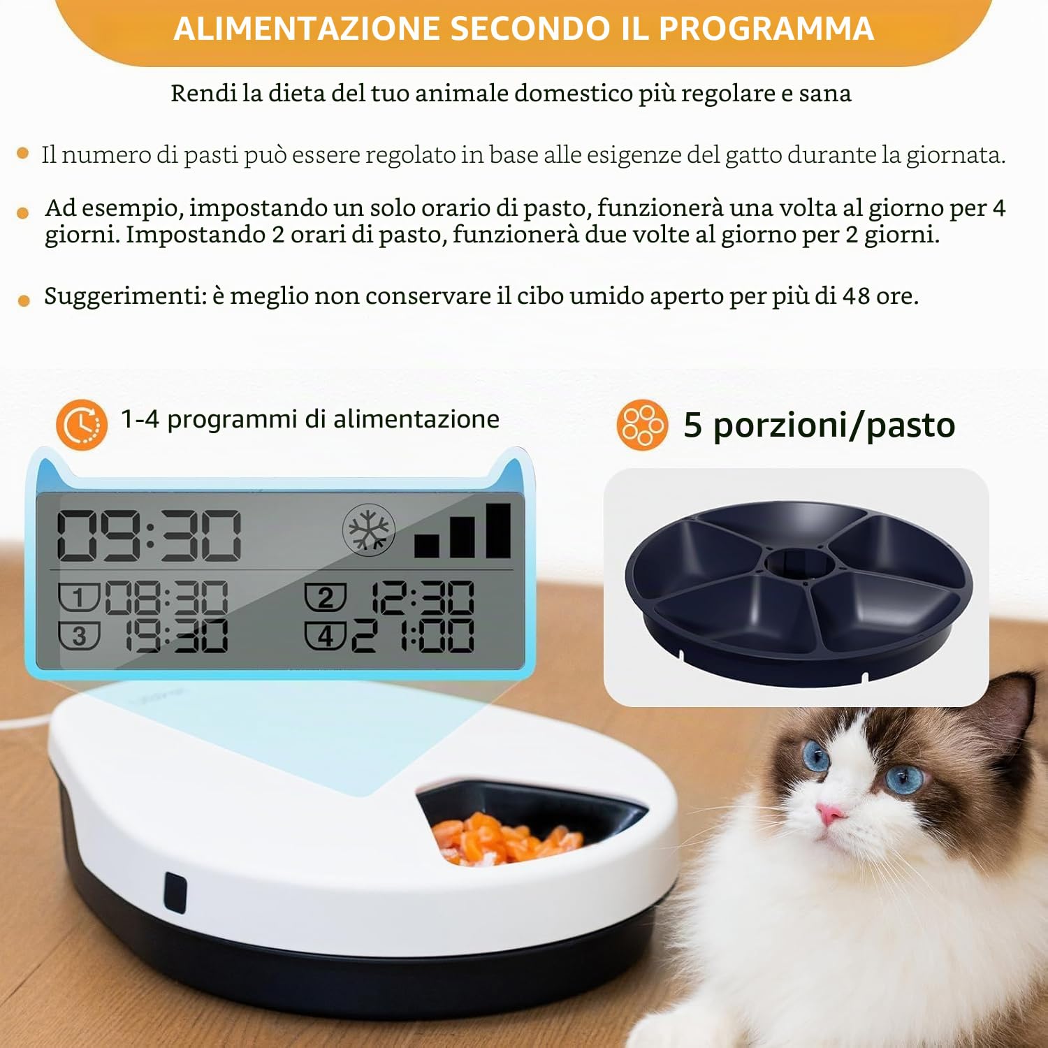Alimentatore automatico per gatti con raffreddamento, refrigerazione a semiconduttore, con timer, 5 scomparti per alimenti per animali domestici da 330 g ciascuno, piatti di alta qualità, lavabile