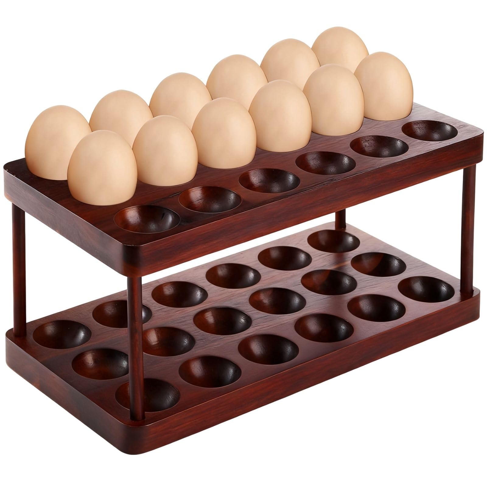 YOUEON Acacia Wooden Egg Holder with Double Layers, Detachable Wooden Egg Tray Holds 36 Fresh Eggs, Countertop Storage Rack for Gathering Fresh & Easter Eggs, Rustic Decor