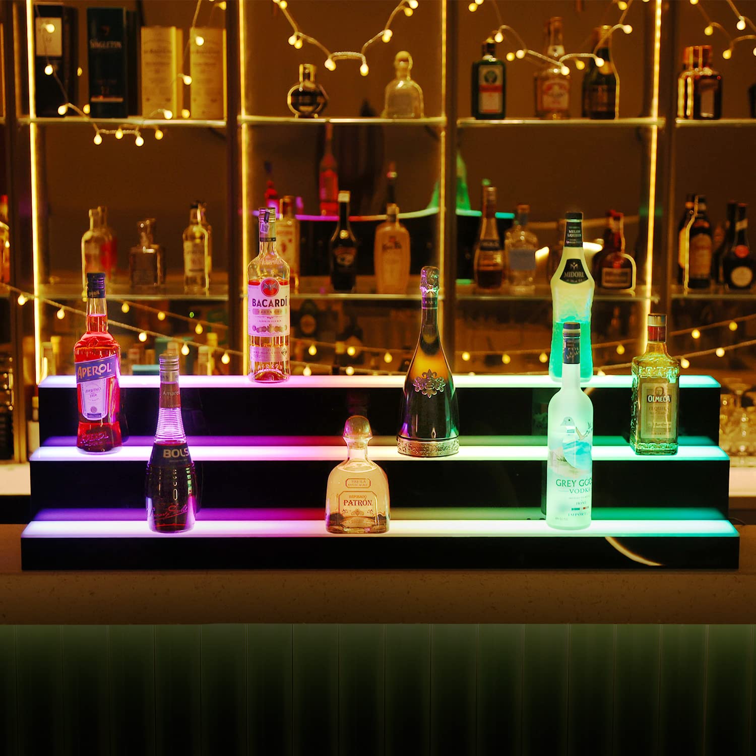 Led Lighted Liquor Bottle Display Shelf 48 Inch 3 Steps with Remote Control, Countertop Illuminated Lighting Shelves for Home Commercial Bar Living Room