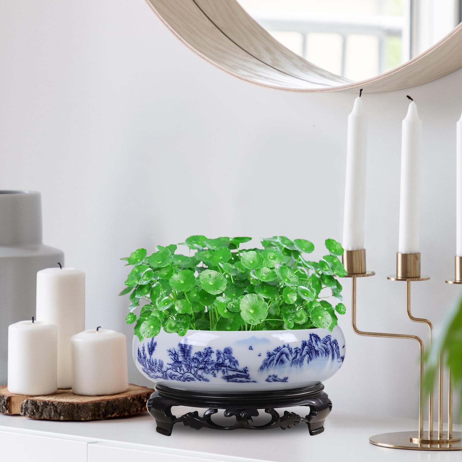 Lotus pot de fleurs en céramique bleue et blanche, pot décoratif rond pour jardin, balcon, bureau