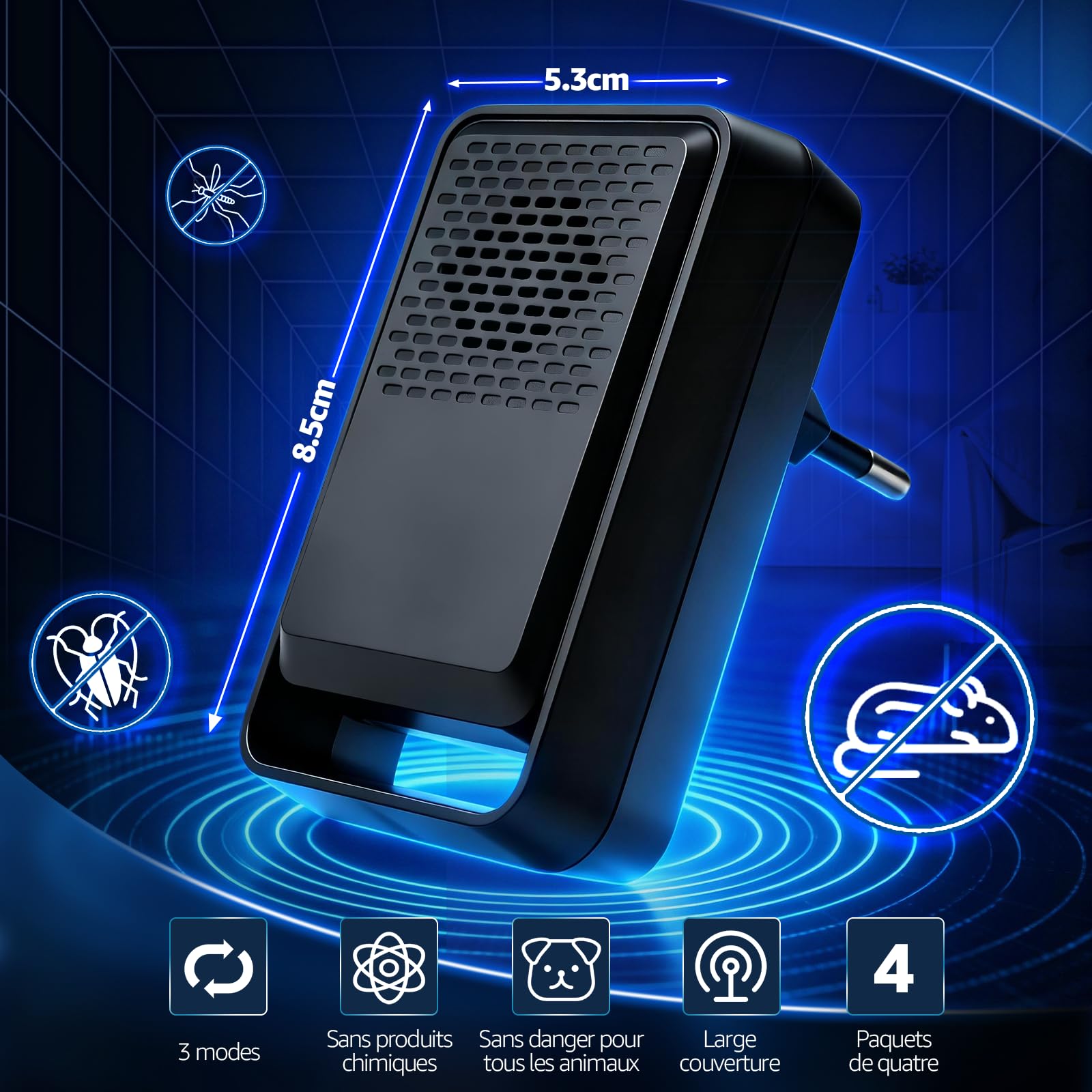 Ultrason Souris et Rats 4 Pack-Puissant Ultrasonique Contre Les Nuisibles-3 Modes Repulsif Souris-Anti Souris Rats Rongeurs Araignée Moustiques Cafards & Pects(Noir)