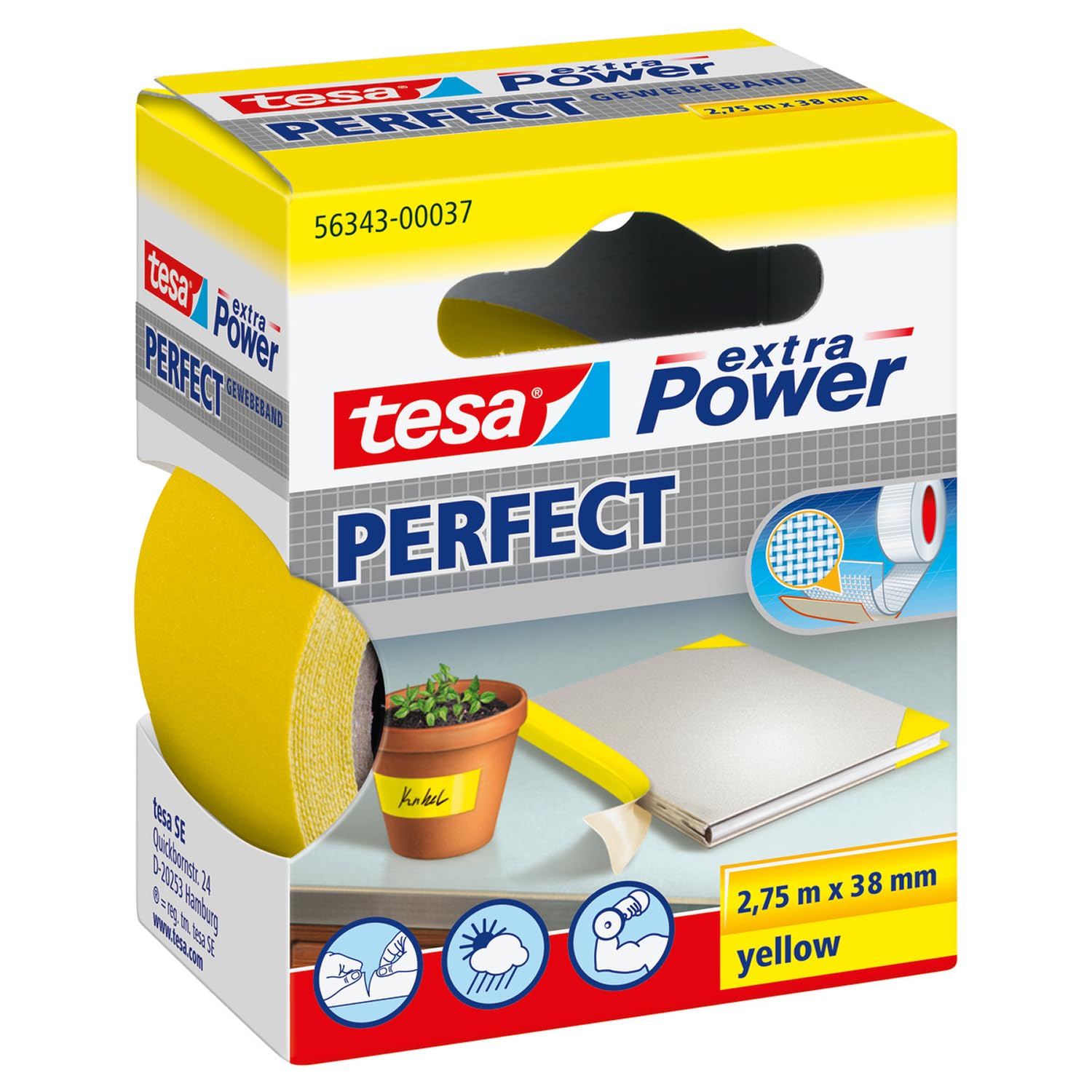 tesa Extra Power Perfect Cloth Tape - Fabric-Reinforced Repairing Tape for Crafting, Repairing, Fastening, Reinforcing and Labelling - Yellow - 2.75 m x 38 mm