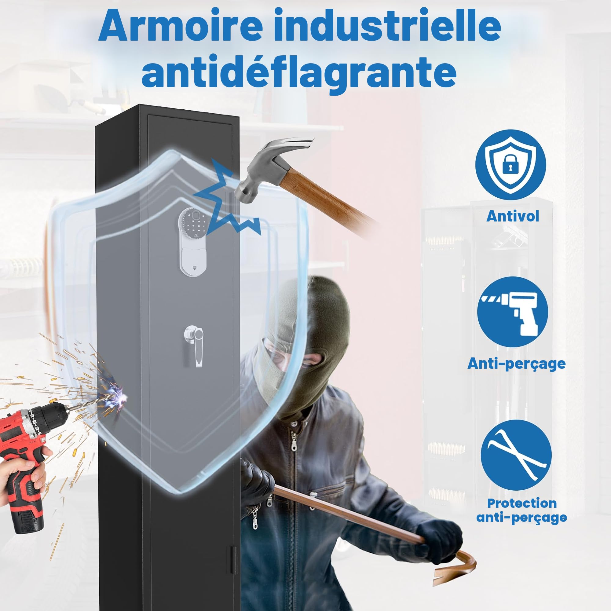 Froadp Coffre-fort pour armes à feu en tôle d'acier Munitions Armoires d'armes à feu 30 x 28 x 138 cm, coffre-fort réglable avec serrure à clé et à combinaison - Noir