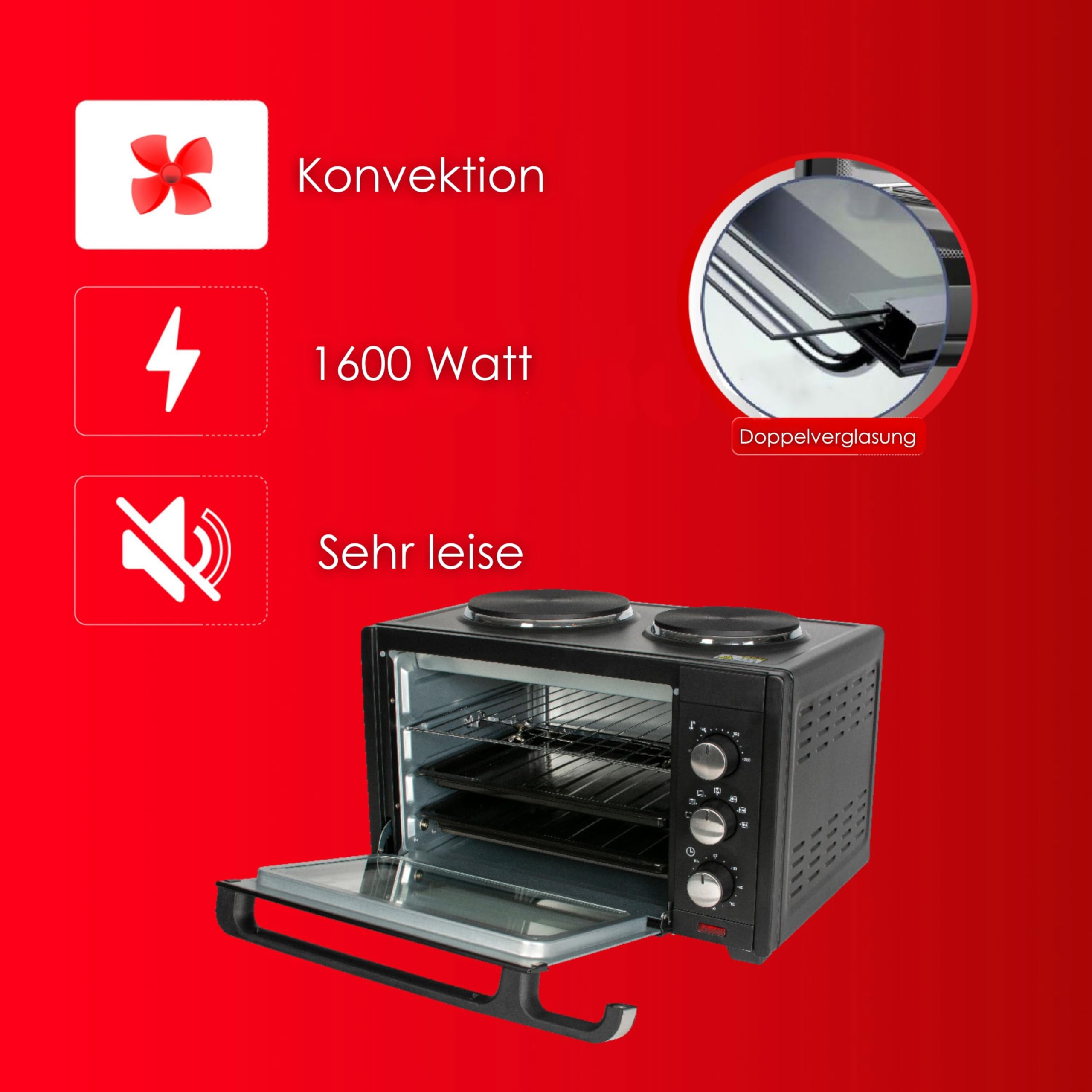 Mini Backofen mit Herdplatten 28 Liter | Elektrischer Drehspieß | Integrierte Kochplatten | Pizza-Ofen | Minibackofen | Miniofen | 3in1 Backofen | Krümelblech | Ober-/Unterhitze | Energiesparend