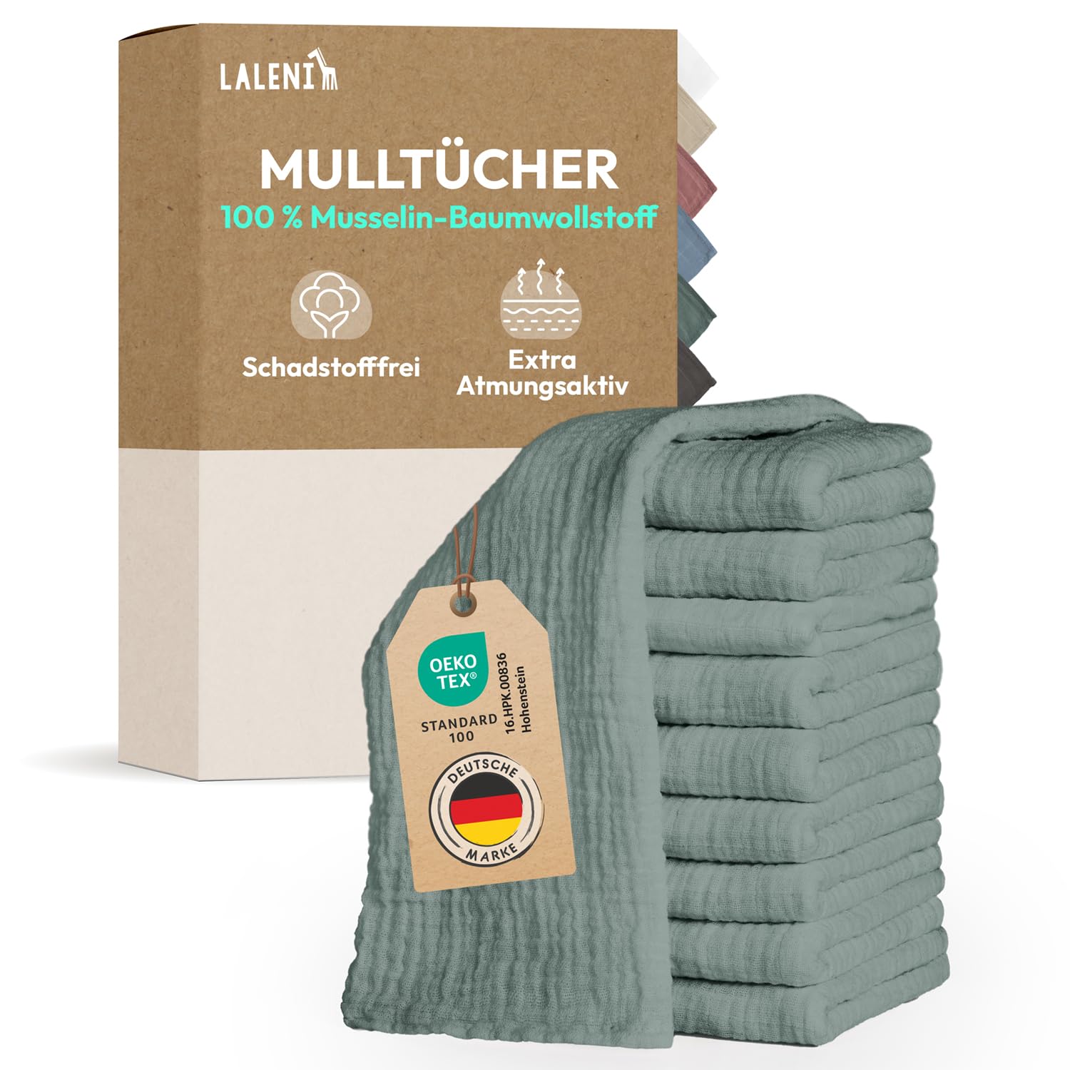 Laleni Spucktücher Baby im 10er Set aus Reiner Baumwolle - schadstofffreie Mulltücher weich 70x70 - saugstarke Mussellintücher Baby - Musselin Tuch als Mullwindel waschbare Mulltücher - Grün