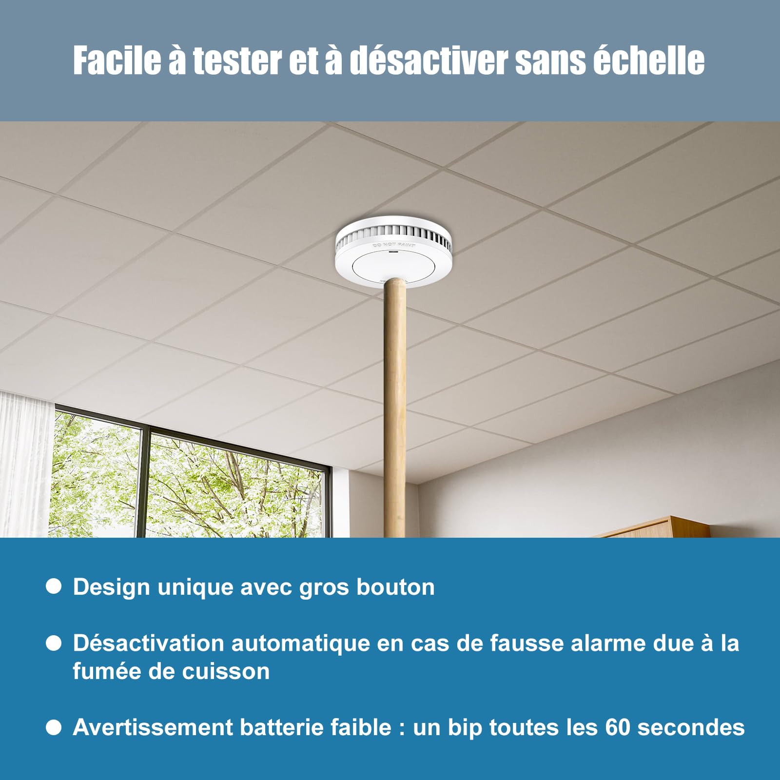 Détecteur de fumée avec Pile de 10 Ans, Support magnétique, sans perçage, certifié TÜV Rheinland, Alarme Incendie sans LED Clignotante, Fonction silencieuse, Petit détecteur de fumée, EN14604,10unità