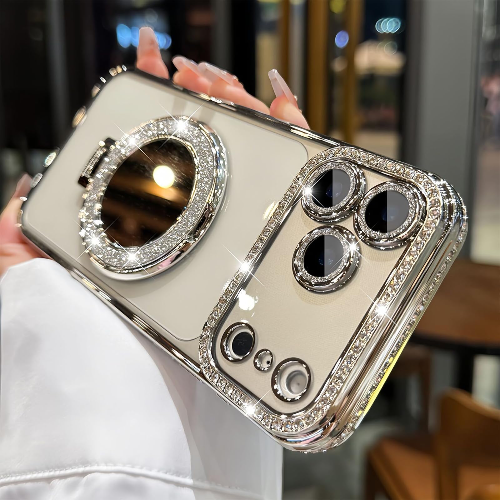 Sparkling Diamond Women's Phone Case with Mirror & Stand for iPhone 15/16/17 Series, Cute Rhinestone Bling Mirror Case for Girls and Women (Silver, iPhone 16)