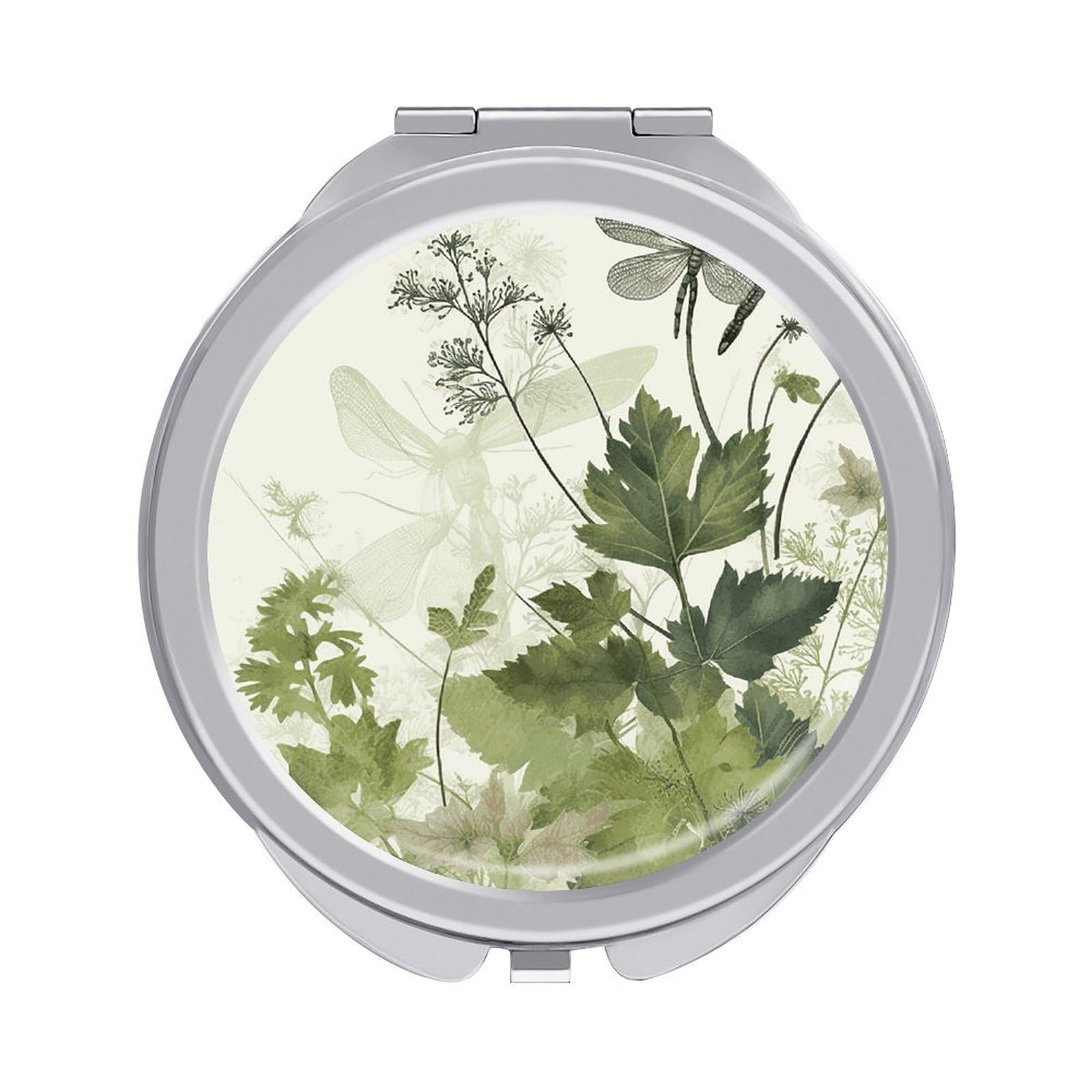 JTREHY Foliage and Herbs with Dragonflies Winged Makeup Mirror Silver Mirror Surface Folding Makeups Mirrors Lightweight Durable Looking Glass for Suitable Traveling Handbag and Purses
