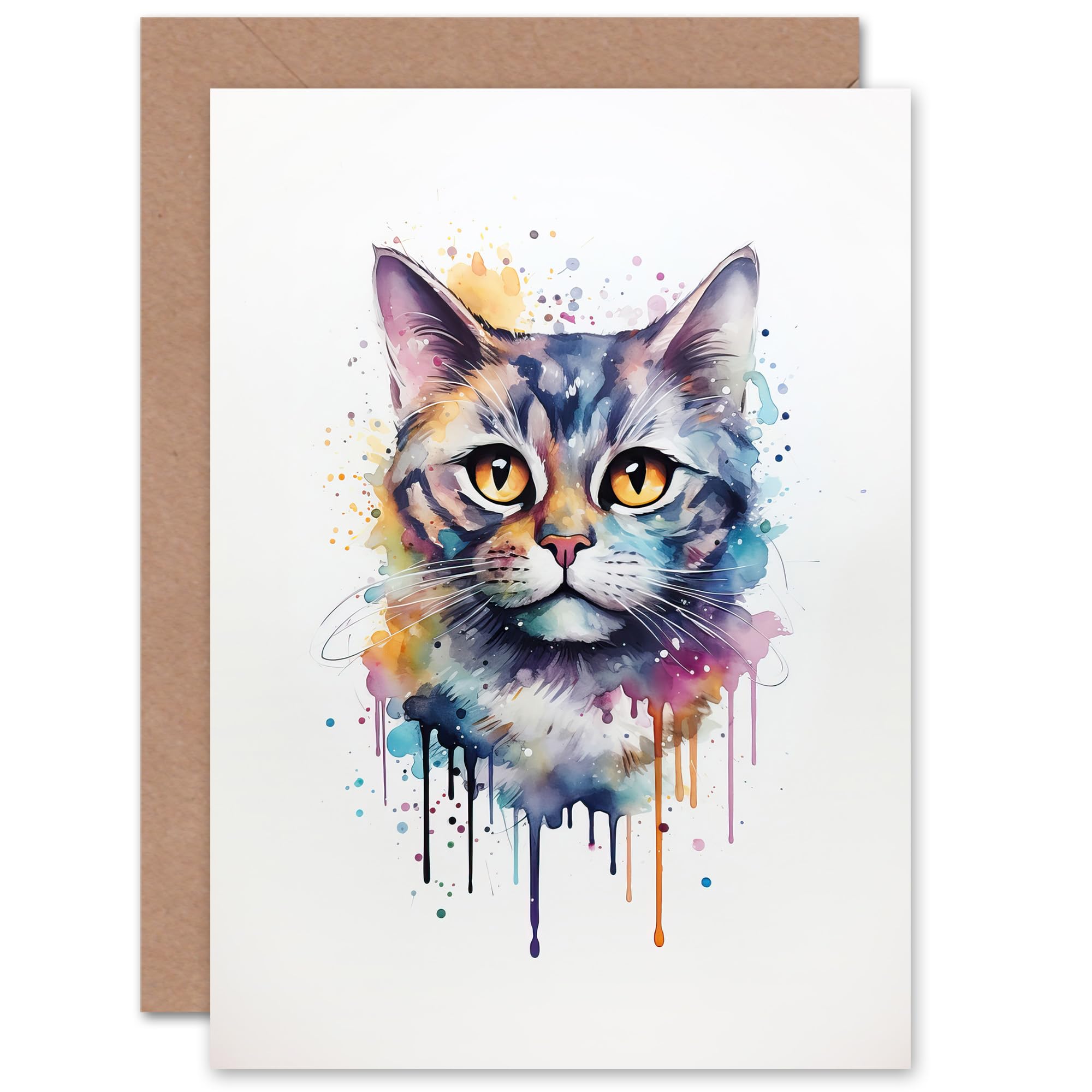 Artery8 British Shorthair Cat Lovers Gift Watercolour Pet Portrait Painting Artwork Sealed Greeting Card Plus Envelope Blank inside