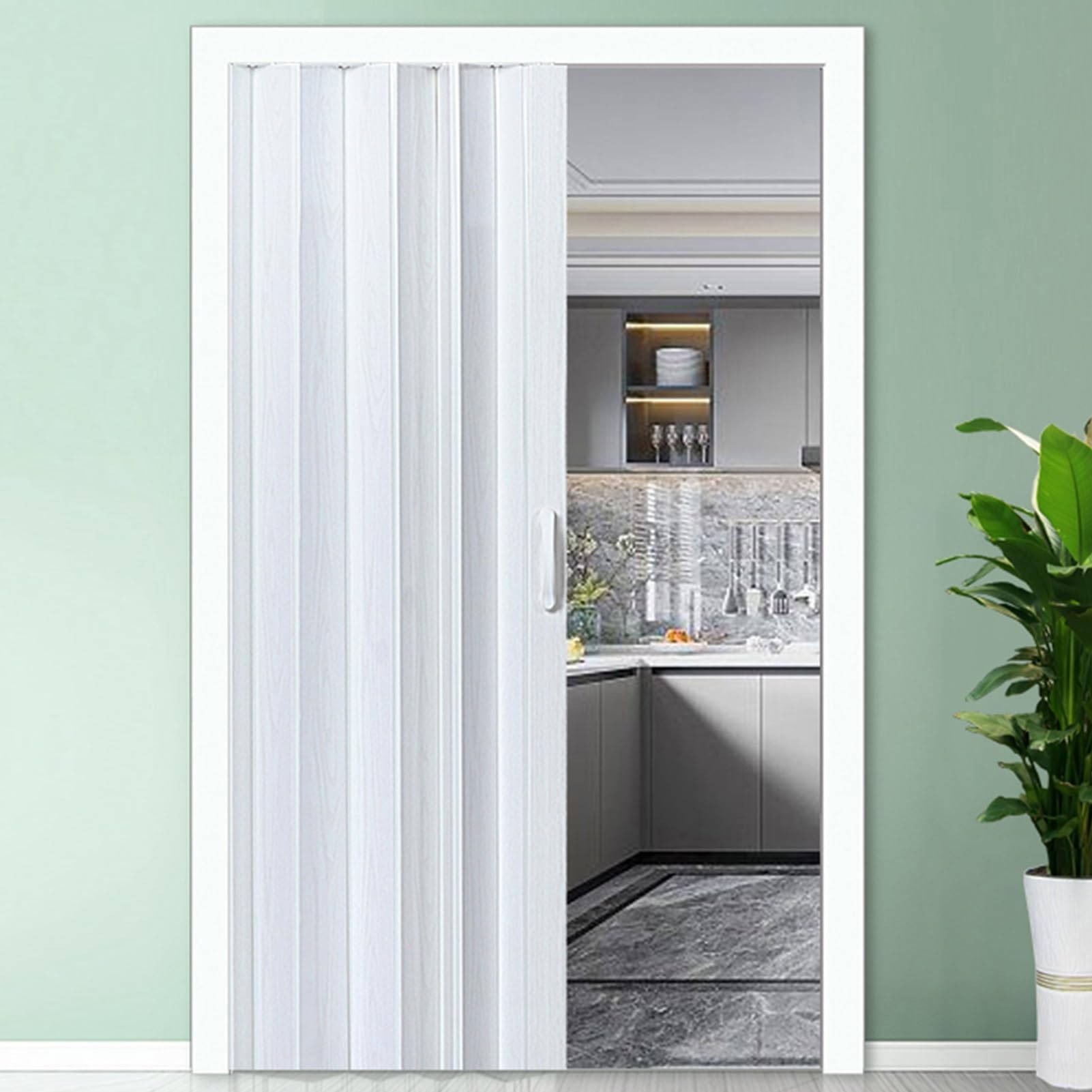Tonuuoei Glossy PVC Accordion Doors Interior, 70 80 90 100 120 150 Custom Size Folding Door, Magnetic Concertina Door with Hardware and Simple Installation(White,72x80in (183x203cm))