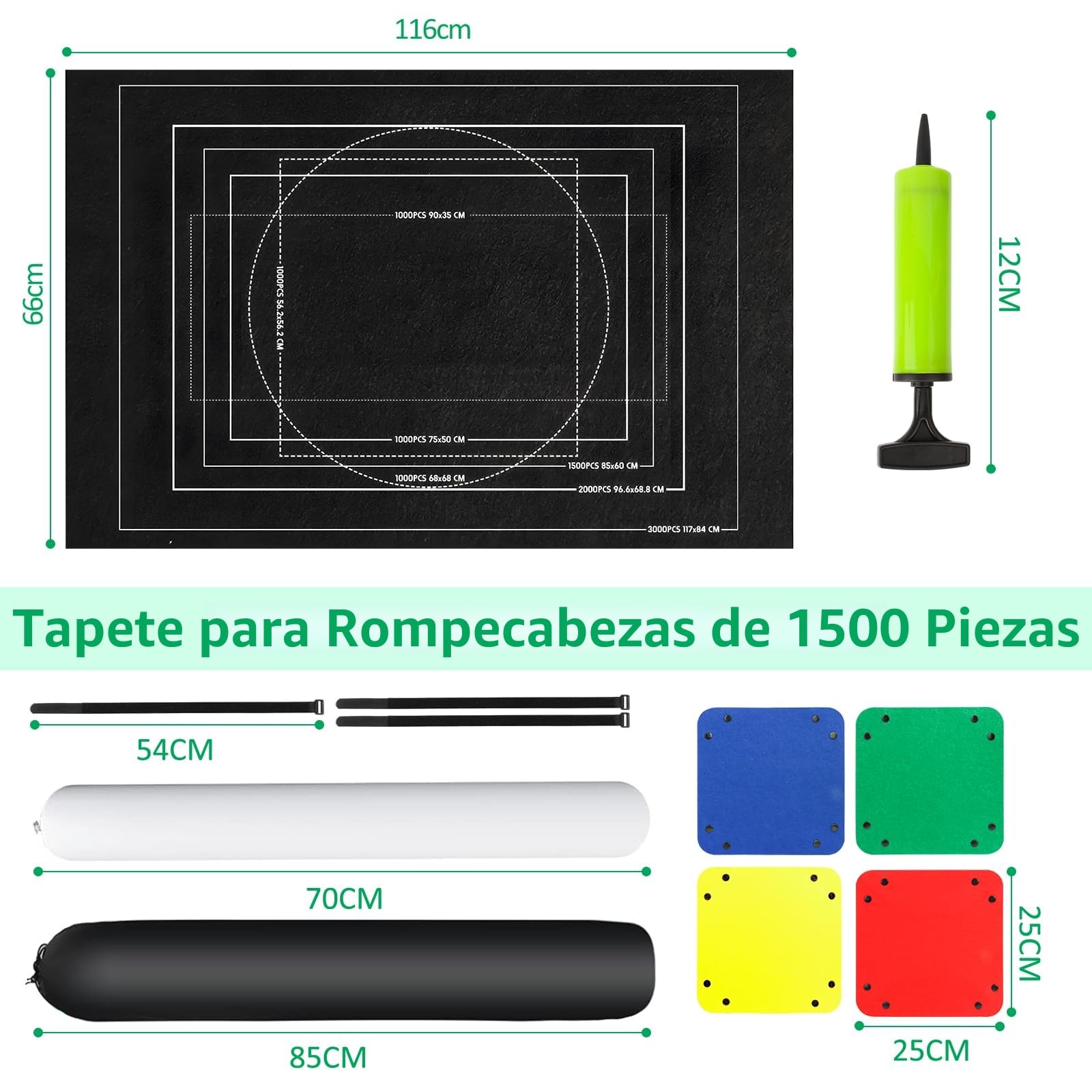 Tapete Puzzle 1500 Piezas, Alfombra Puzzle 1500 1000 500 Pezzi, Portátil Fieltro Estera de Rompecabezas,116x66cm, Tapiz Puzzle Enrollable, Negro