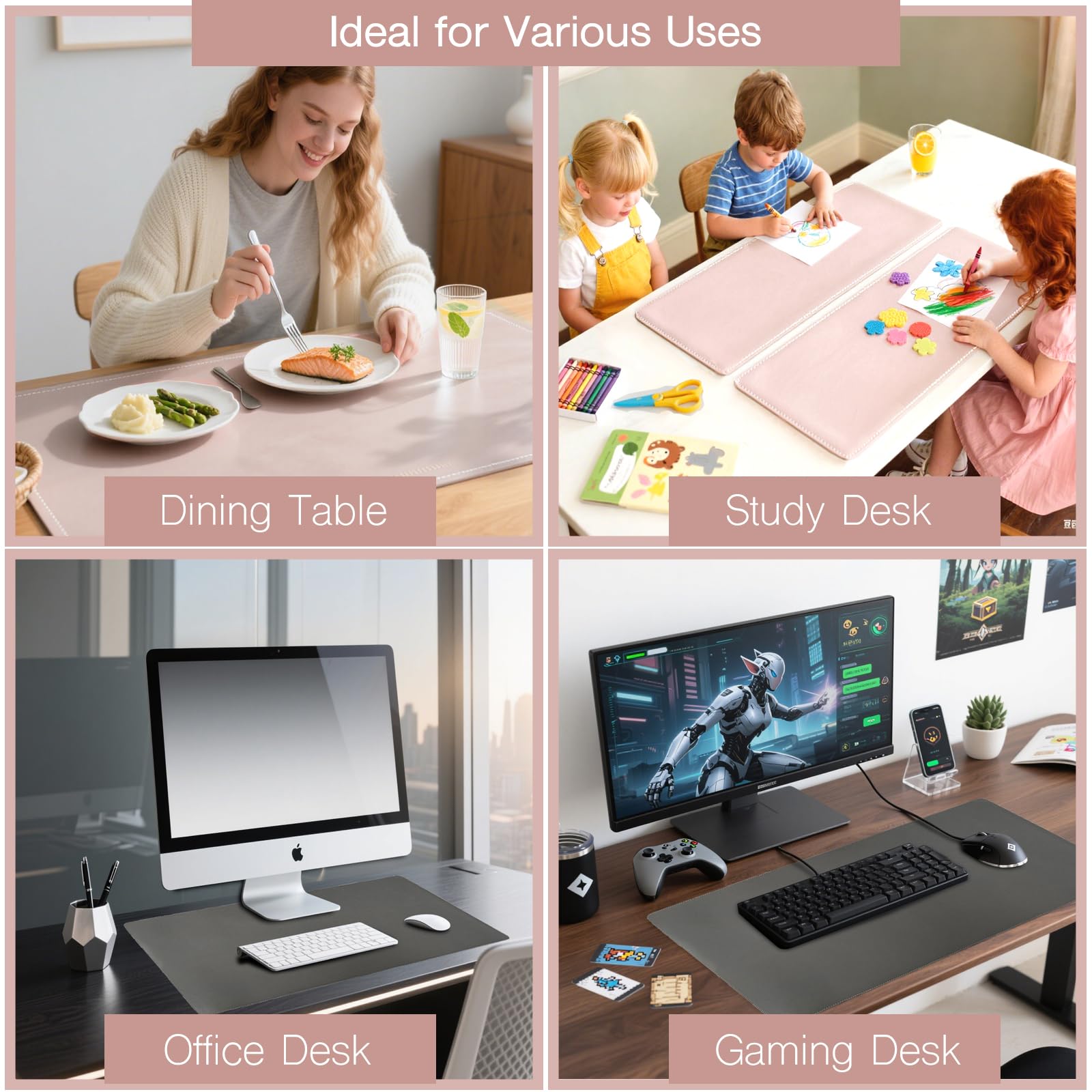 Tappetino da scrivania in pelle, grande protezione da scrivania per mouse, tastiera e laptop, antiscivolo, impermeabile, per casa e ufficio (rosa)