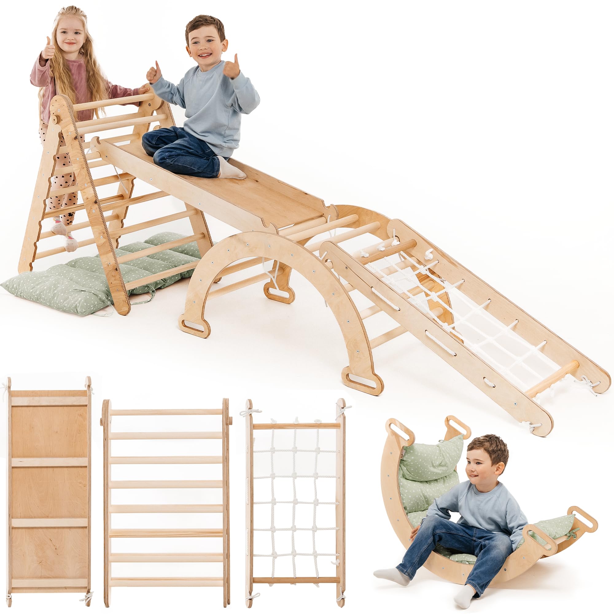 Telaio da arrampicata per interni 5 in 1 per bambini – scala triangolare, arco da arrampicata e rampa da arrampicata e rete, cuscino, montessori, per bambini dai 1 ai 5 anni (cuscino verde)