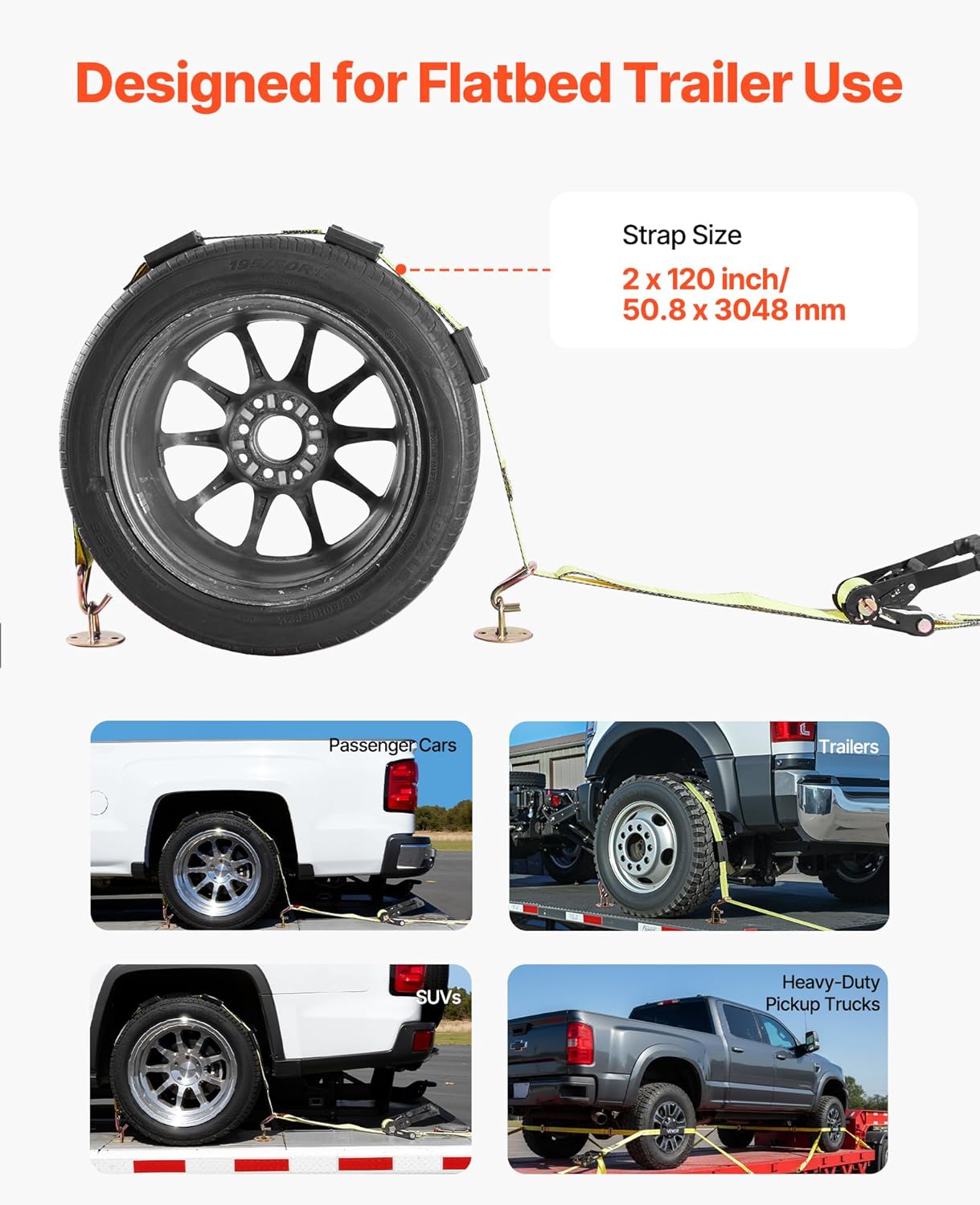 VEVOR Wheel Chock Tie-Down Kit, Deck-Style Trailer Tie Down Strap, Car Tie Down Kit with J-Hook, Break Strength 10009 lbs & Working Load 3333 lbs Motorcycle System for SUVs, Trailers, Trucks