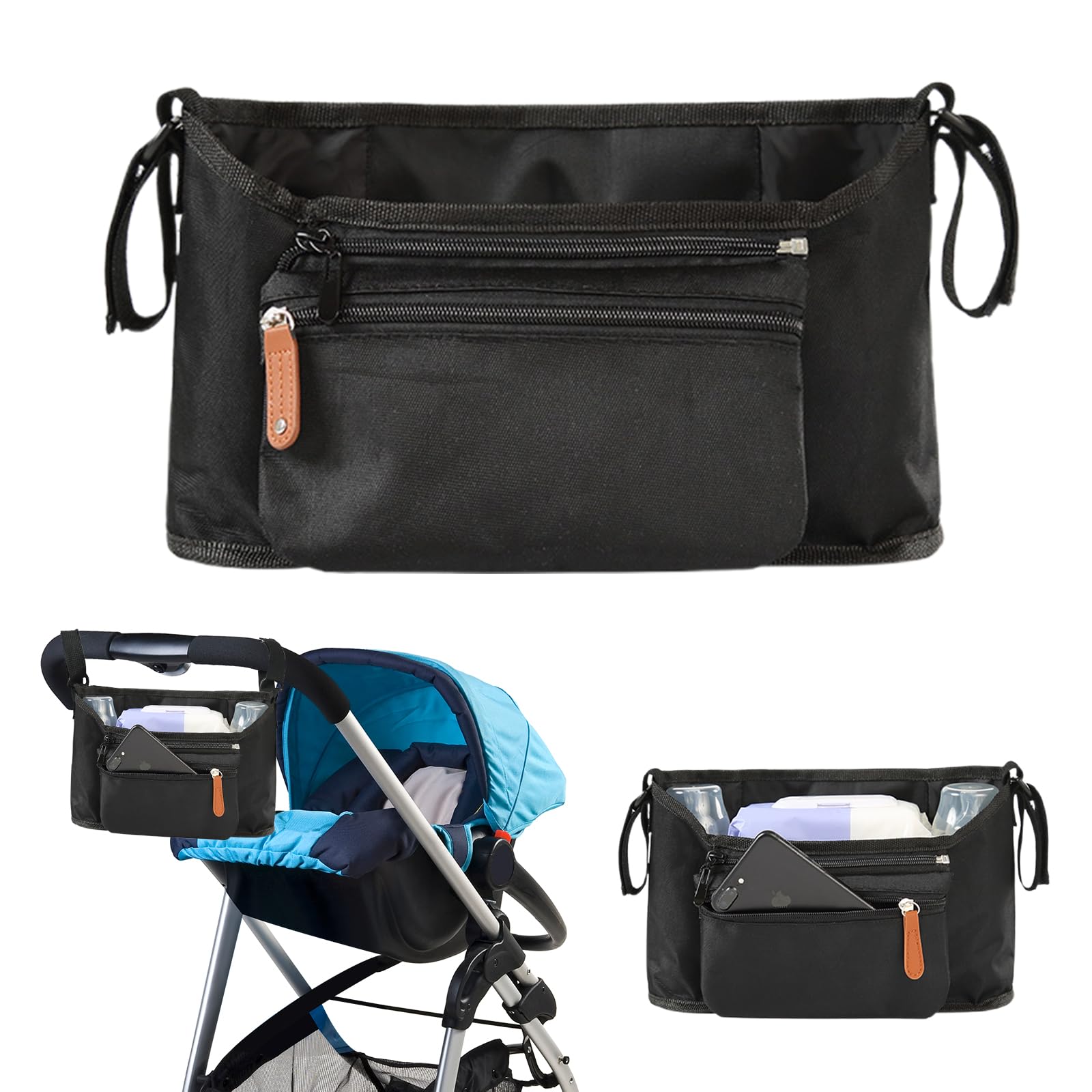 Momcozy Organiseur universel pour poussette - Sac suspendu en forme de U avec porte-gobelet pour poussette - Accessoires de poussette - Grande capacité - Sac de poussette Momcozy - Noir
