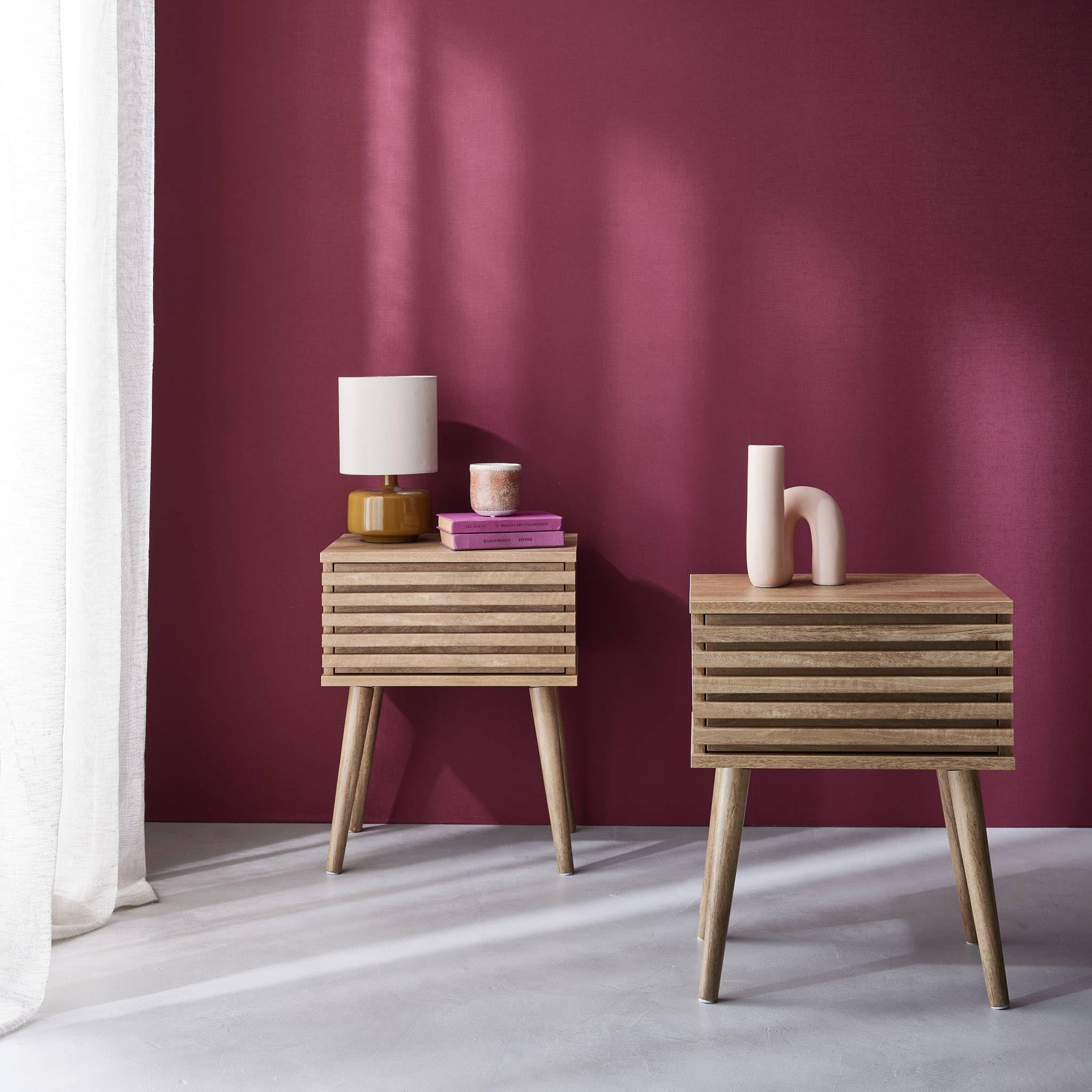 Alice's Garden sweeek - Lot de Deux Tables de Chevet Style scandinave décor Bois avec tiroir rainuré et Pieds Compas
