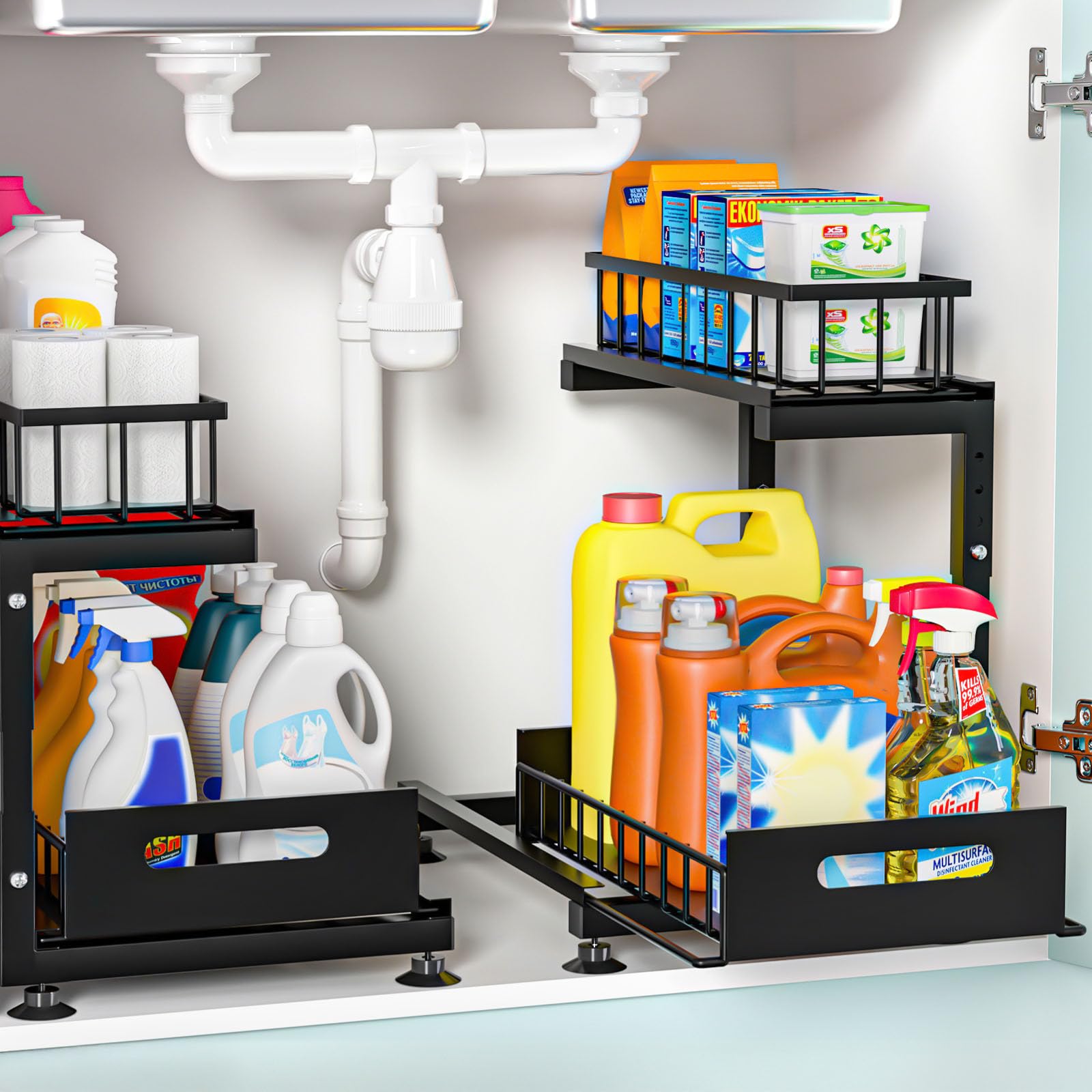 Under Sink Organizer 2-Tier Premium Metal Pull-Out Racks with Adjustable Height Heavy Duty Sliding Bin for Bathroom and