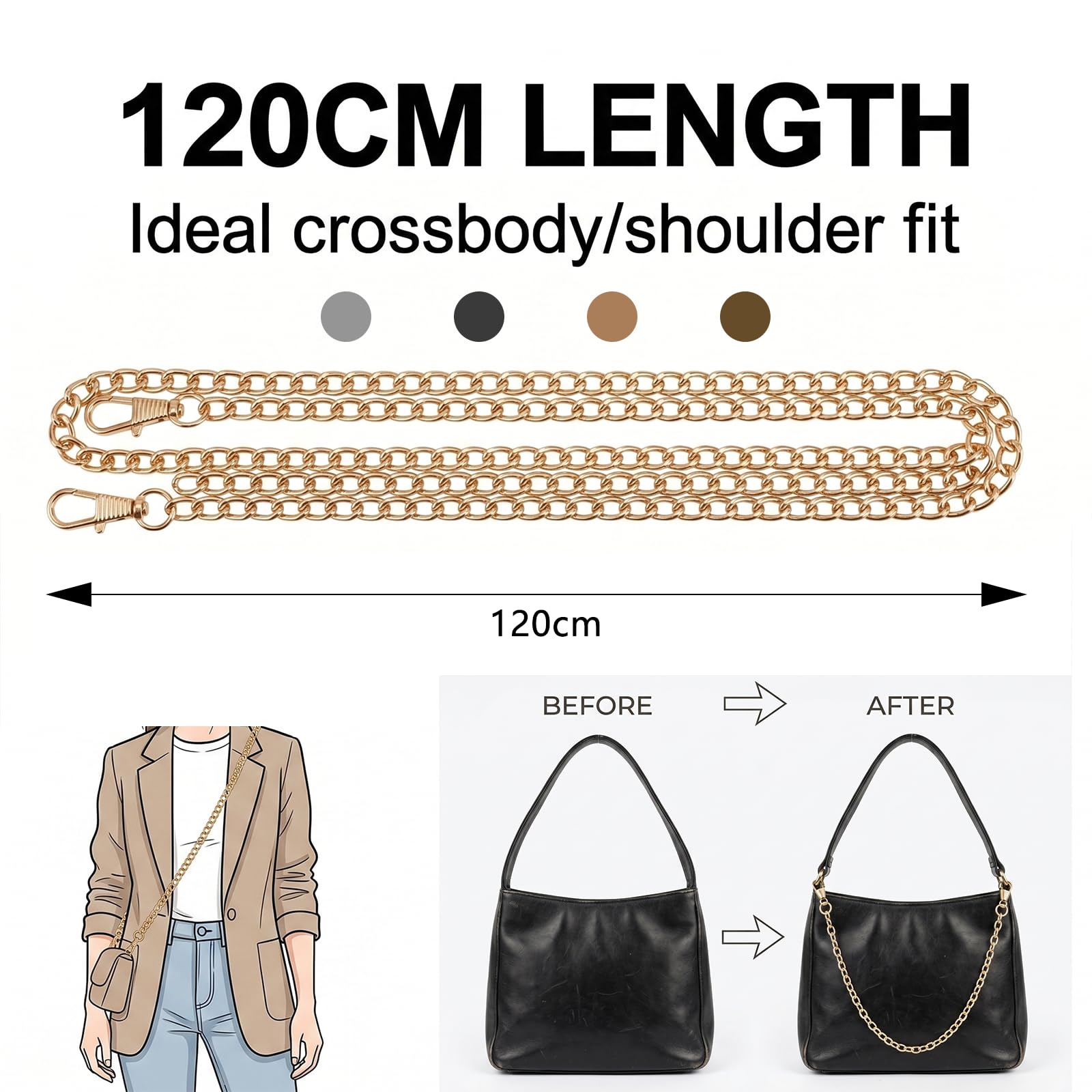 12 Piezas Cadenas para Bolsos con Cadena de Repuesto 120cm, 24 Anillos en D, Correa para Bolso de Hombro Bandolera (Bronce, Pistola, Oro Claro, Plata)