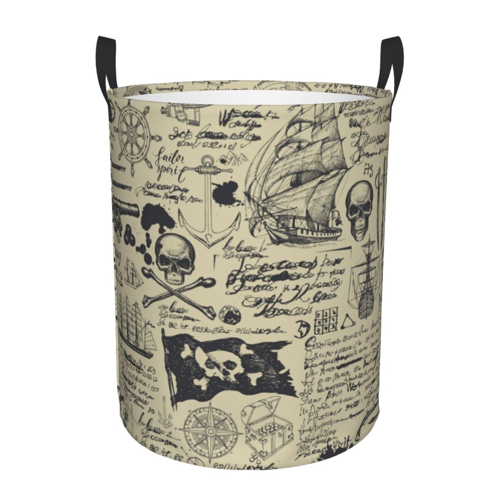 Pirate Ship Skull Treasure Map Laundry Basket Waterproof Collapsible Round Laundry Hamper Toys Clothes Organizer Gift Basket For Room Medium