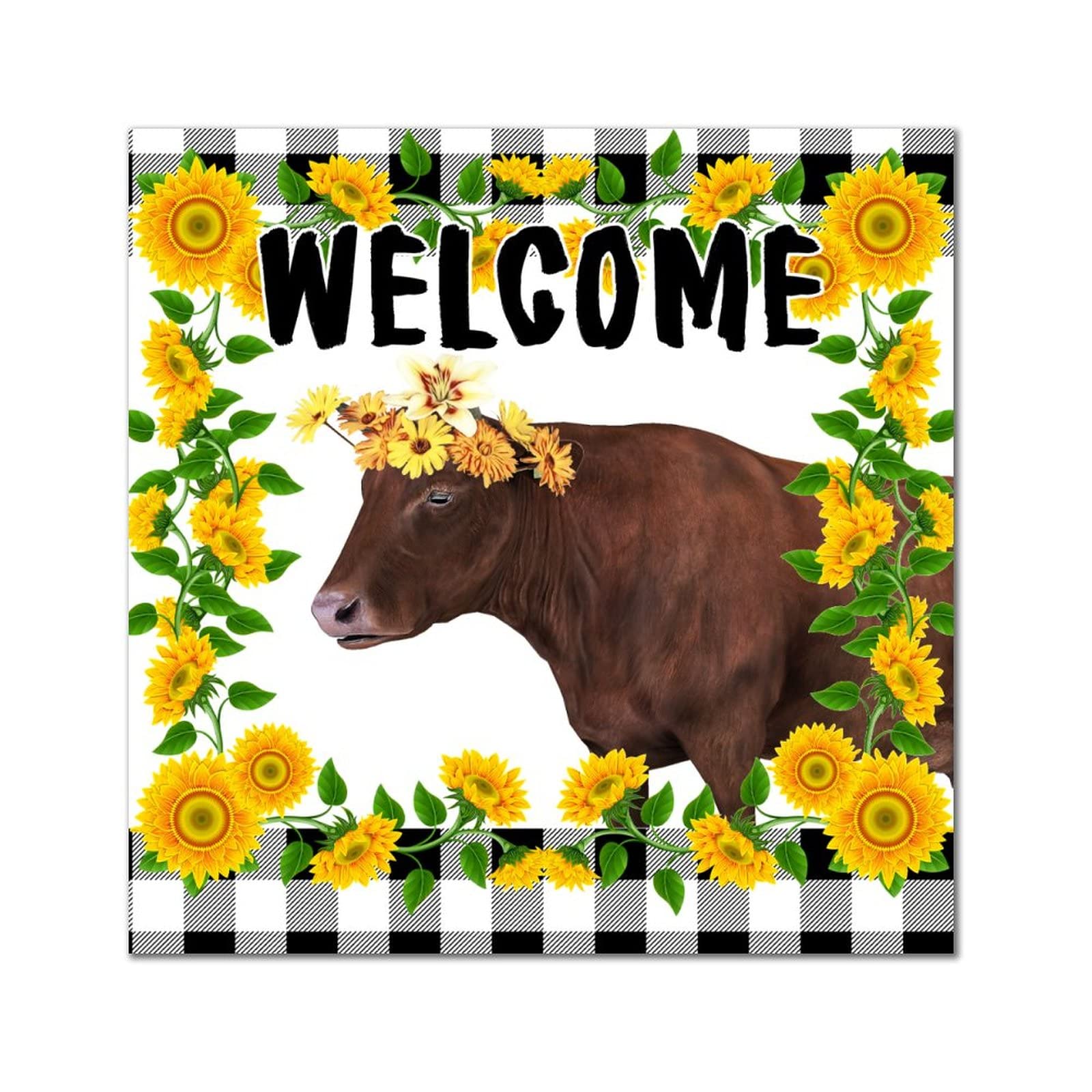 SILYHEART Spring Sunflower Flower Welcome Wood Sign Buffalo Plaid Sunflower Cow Plaque Farmers Market Retro Woodshop Garage Wall Decorative for Home Room Office Garden Kitchen 12x12in
