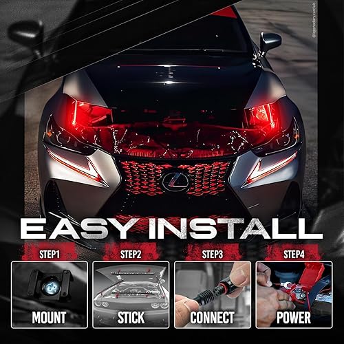 Miniatura 5 de OPT7 Aura Engine Bay - Kit de luz LED RGB con control remoto, 4 tiras de luz impermeables de 12 pulgadas para debajo del capó, modo multicolor,