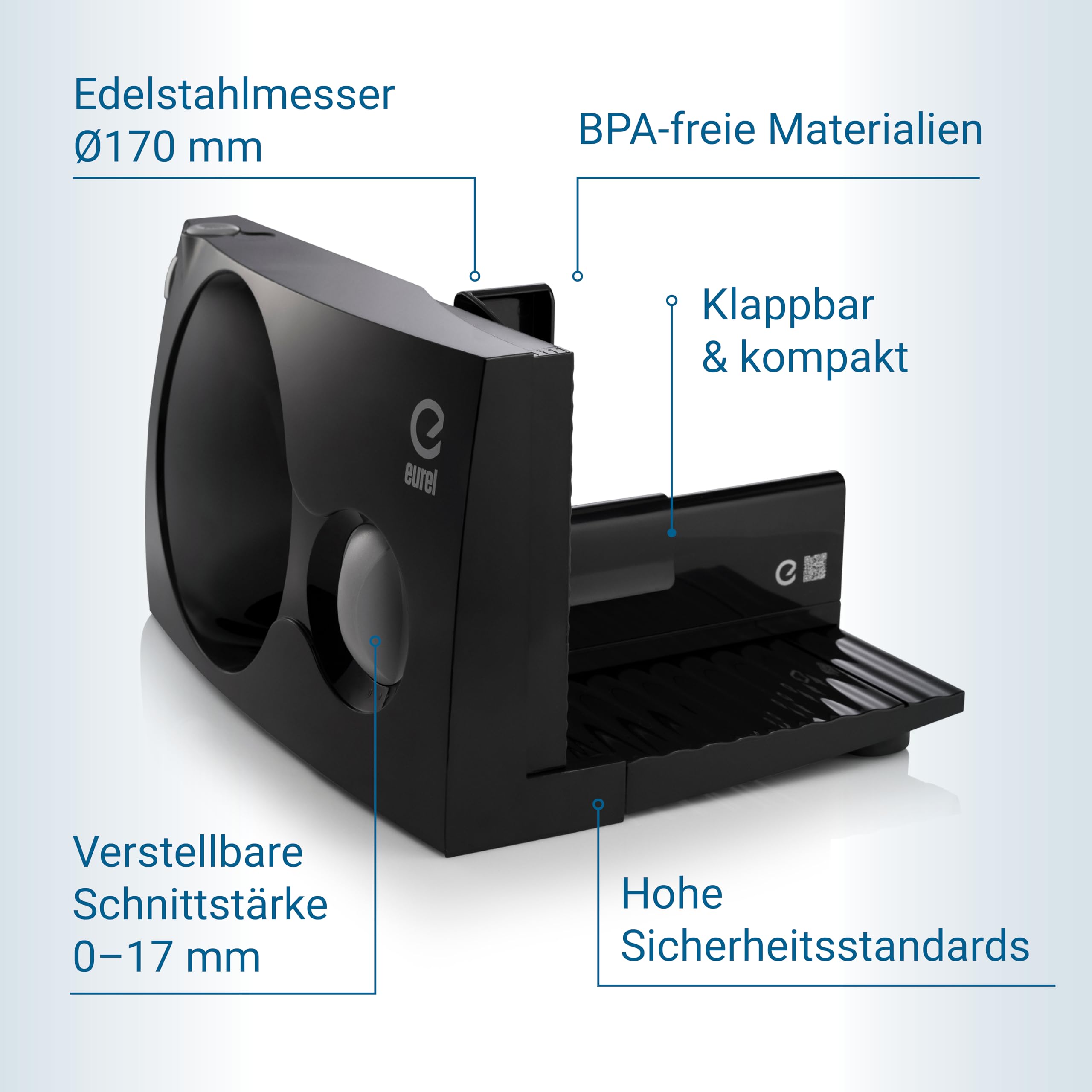 EUREL RS42 Allesschneider Elektrisch Schwarz – Brotschneidemaschine mit Edelstahlklinge Ø170 mm, Schnittstärke 0–17 mm, BPA-frei, EcoDrive 80W