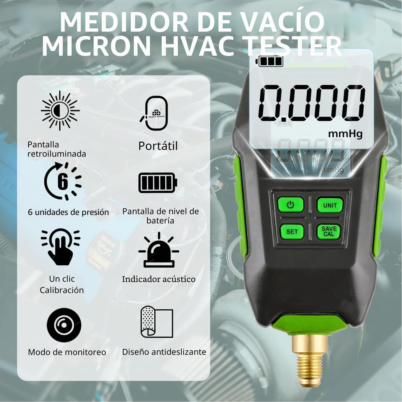 Medidor de Vacío Digital, Medidor de Micrones de Precisión Profesional con Gran Pantalla Retroiluminada para Entornos Atmosféricos