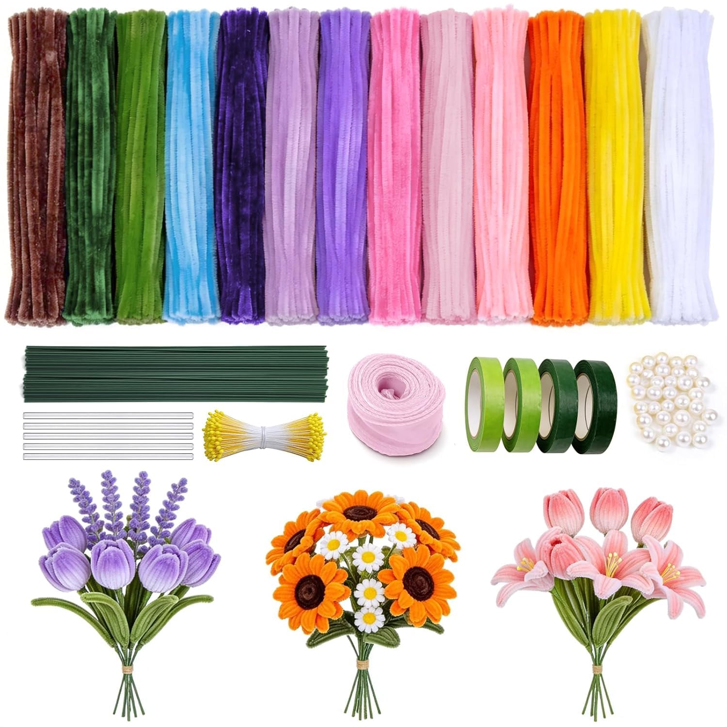 Pfeifenreiniger Set, 500 Stück 4 Farben Pfeifenreiniger Set zur Herstellung von Verschiedenfarbigen Pfeifenreiniger Sträußen, Blumenpapier, Bändern, Dochten, Stäben, kreativen Blumen DIY