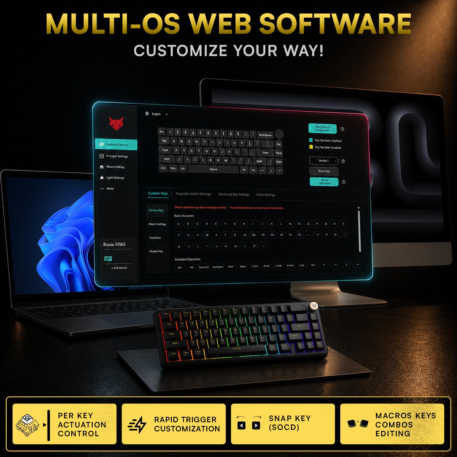 EvoFox Ronin HS65 Hall Effect Wired Mechanical Gaming Keyboard, 2 Layer Sound Dampening, 8000Hz Polling, Hall Effect Magnetic Switch, Actuation Point Adjustable, Web Software, Black — Amazon image 5