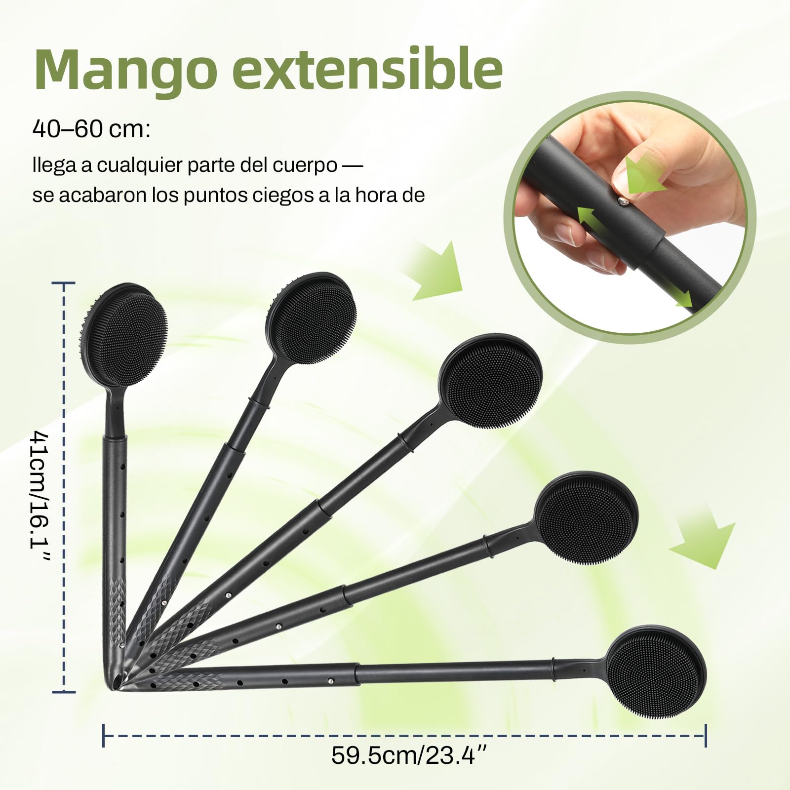 Cepillo de espalda telescópico con mango largo, 58,5 cm, cepillo de ducha de doble cara para exfoliar la ducha y masajes