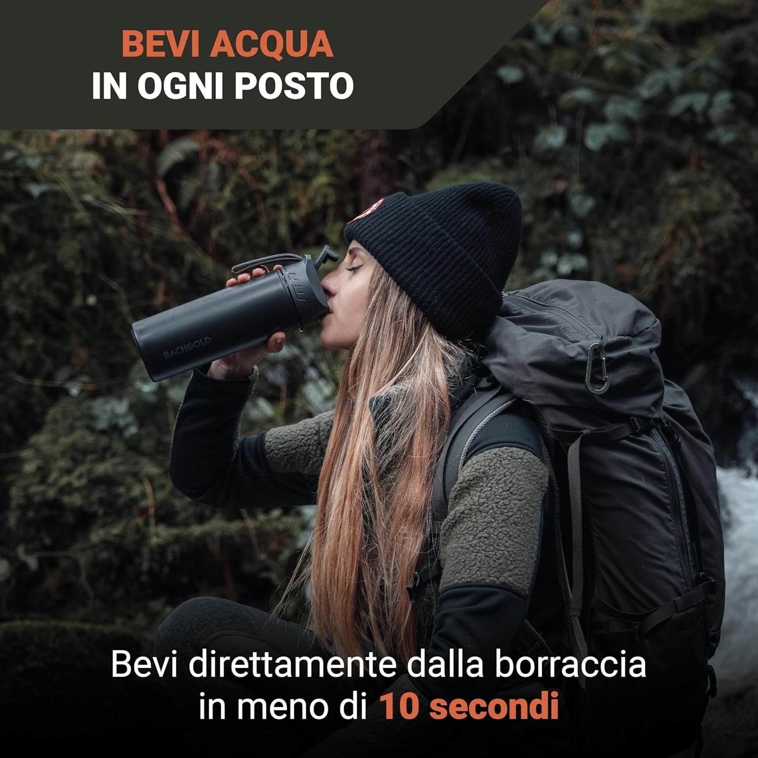 Bachgold® Borraccia filtrante professionale outdoor [500ml] con capacità di filtraggio di 1500L I Rimuove il 99,99% dei batteri e filtra microplastiche, particelle e cloro I Per blackout e crisi