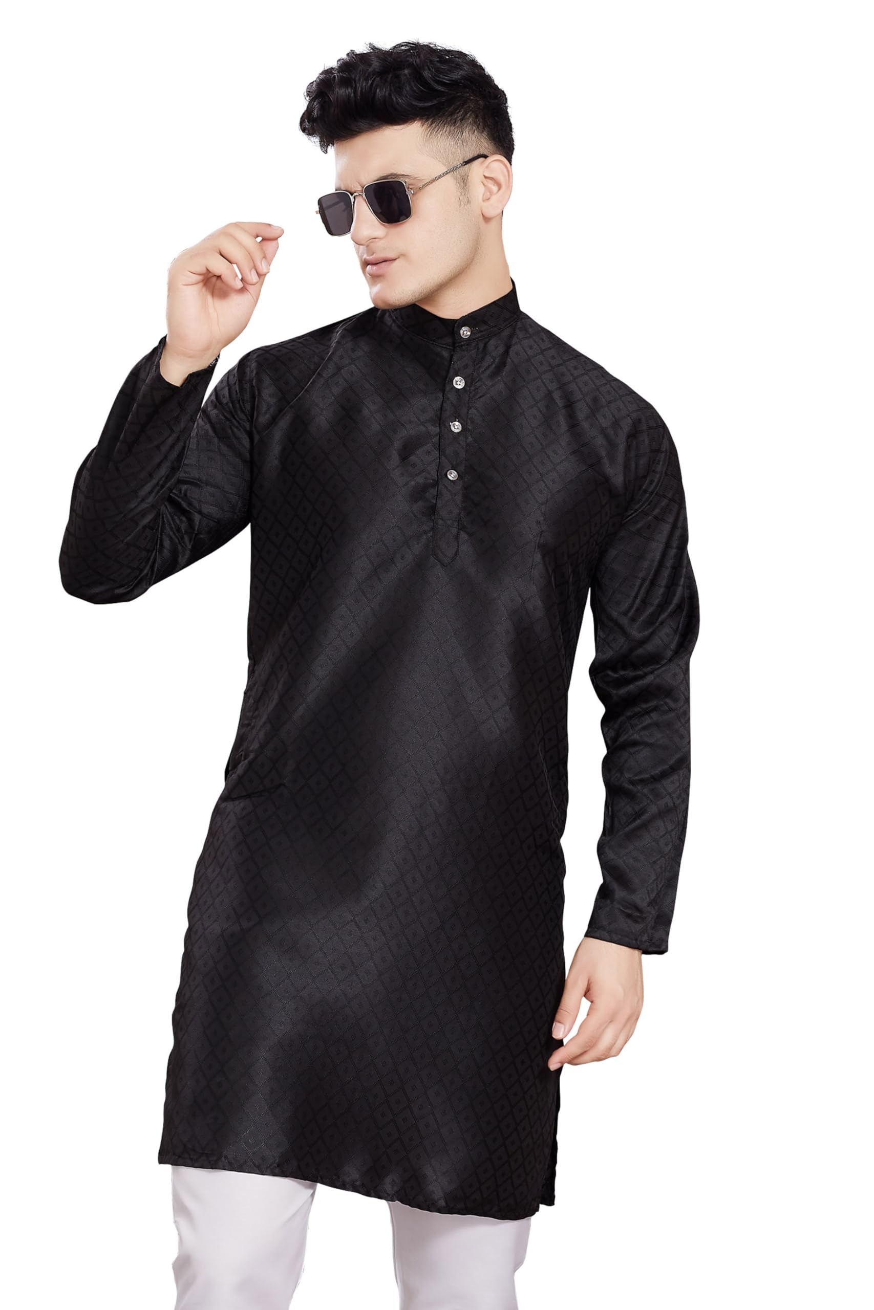 Divisive Men's Self Woven Jequard Art Silk Slim Fit Only Kurta (Dkrt409_S_Black)
