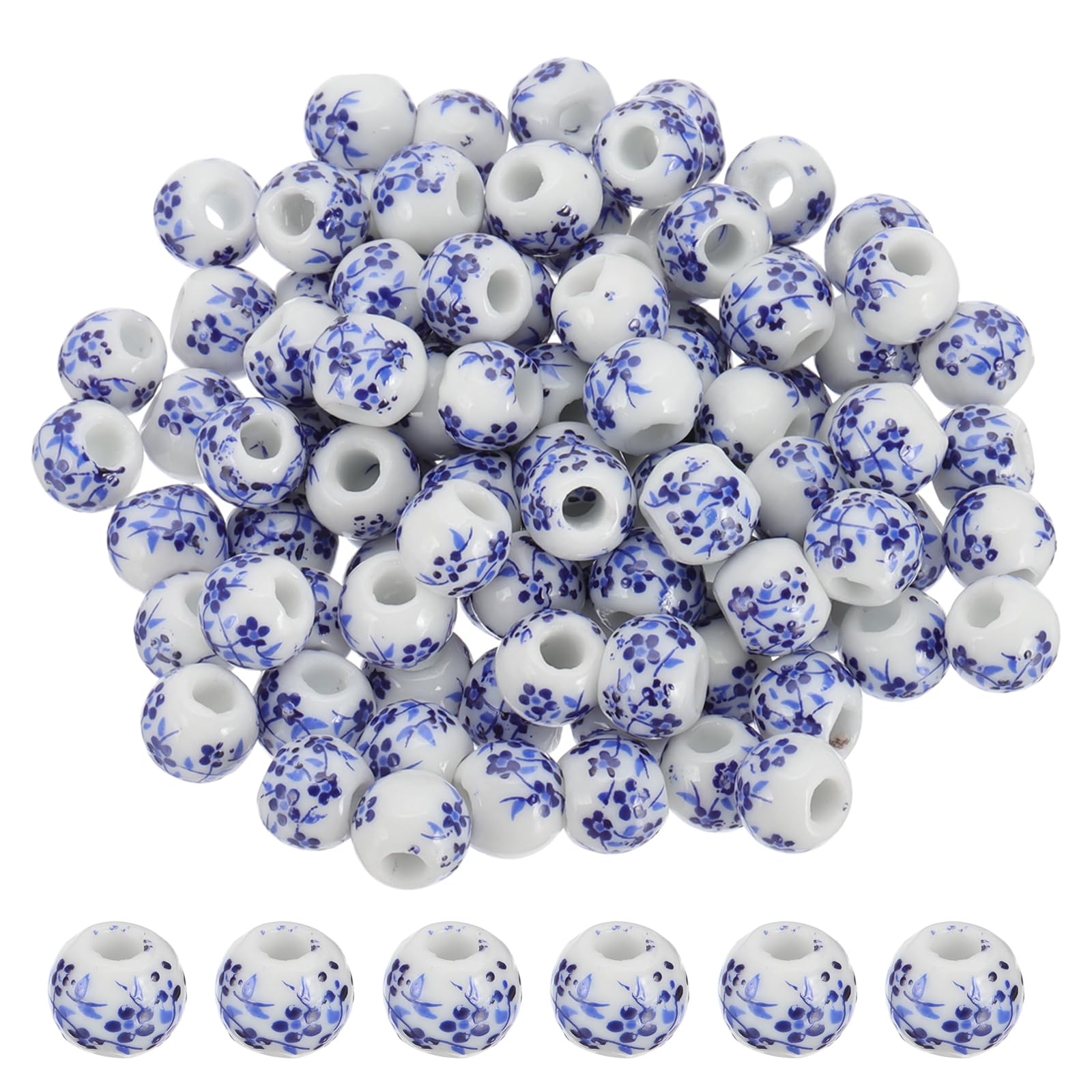 PATIKIL 100 Pcs Porcelain Beads, 8mm Printed Ceramic Beads Round Flower Beads Handmade Spacer Beads for Jewelry Making Earring Necklace DIY Crafts, Blue