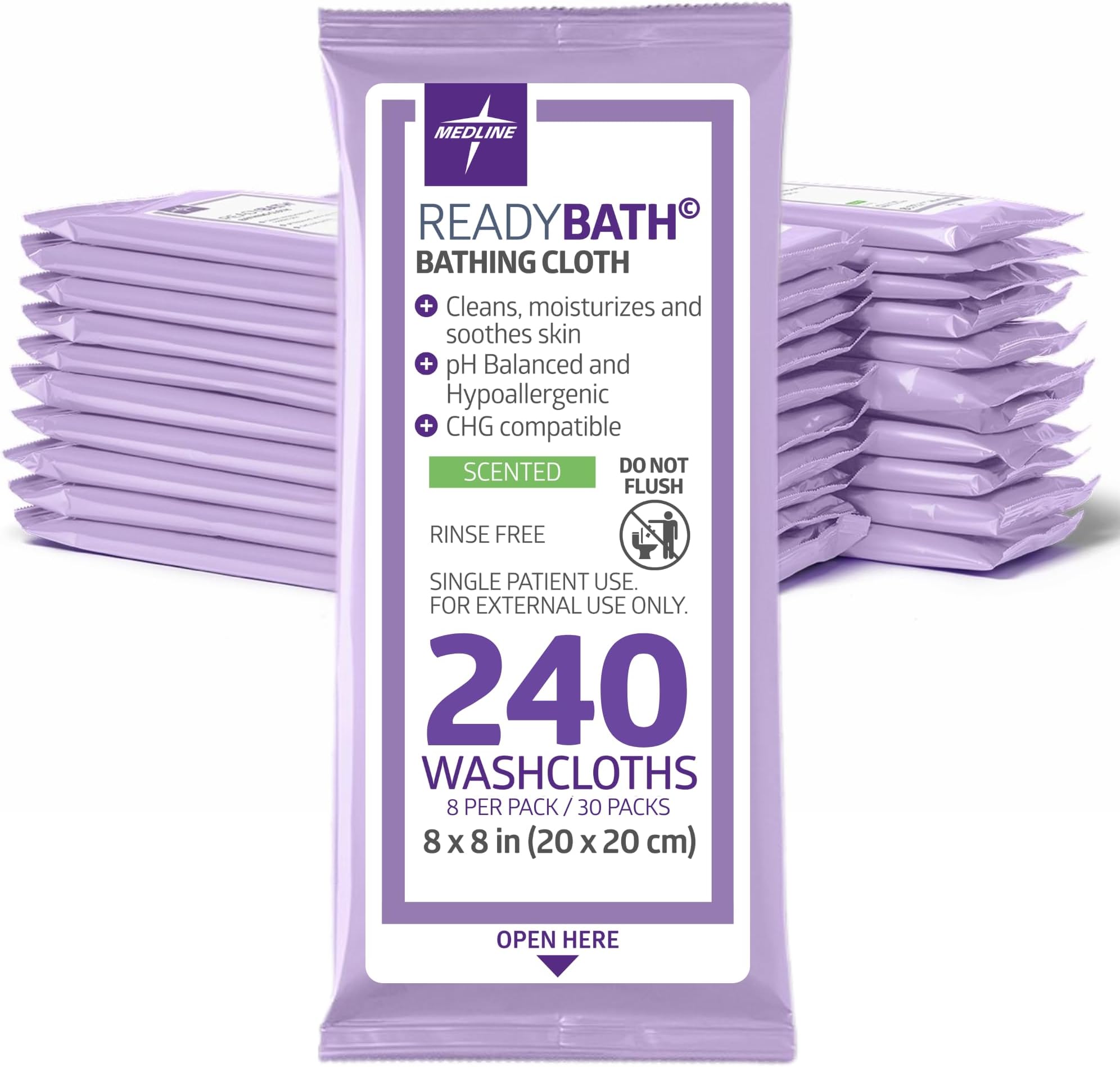 ReadyBath Adult Bath Wipes, 240 Wipes (8 Wipes, 30 Packs), Scented, No Rinse Formula with Aloe, Shower Wipes for Sensitive Skin, Hypoallergenic & Alcohol-Free Wet Wipes, 8 x 8 Inch