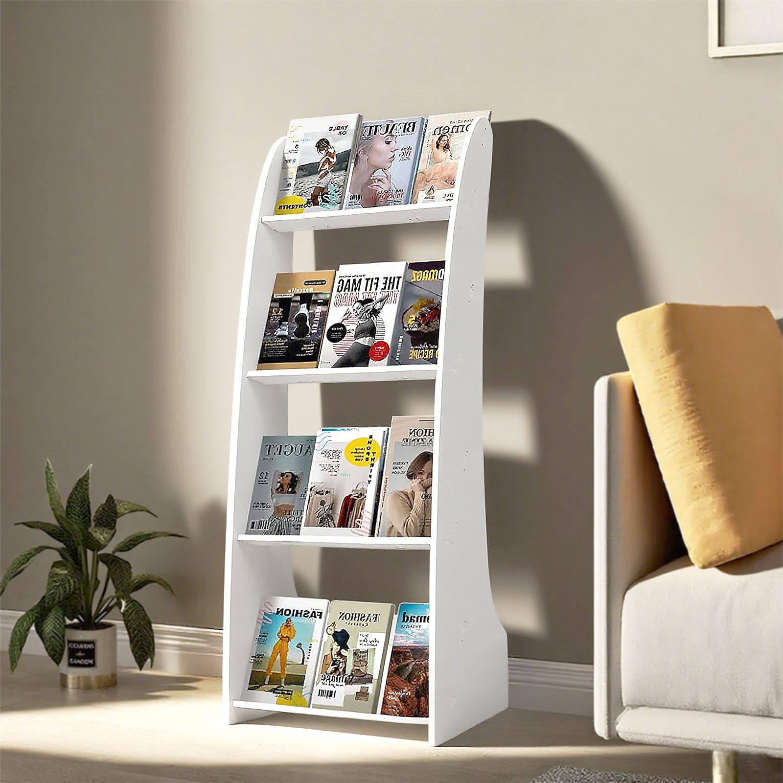 Magazine Holder, 4 Tier Mgazine Display Stand Floor Magazine Rack White Catalog Literature Book Brochure Display Stand for Home, Office,Trade, Shopping Malls, Reception Rooms
