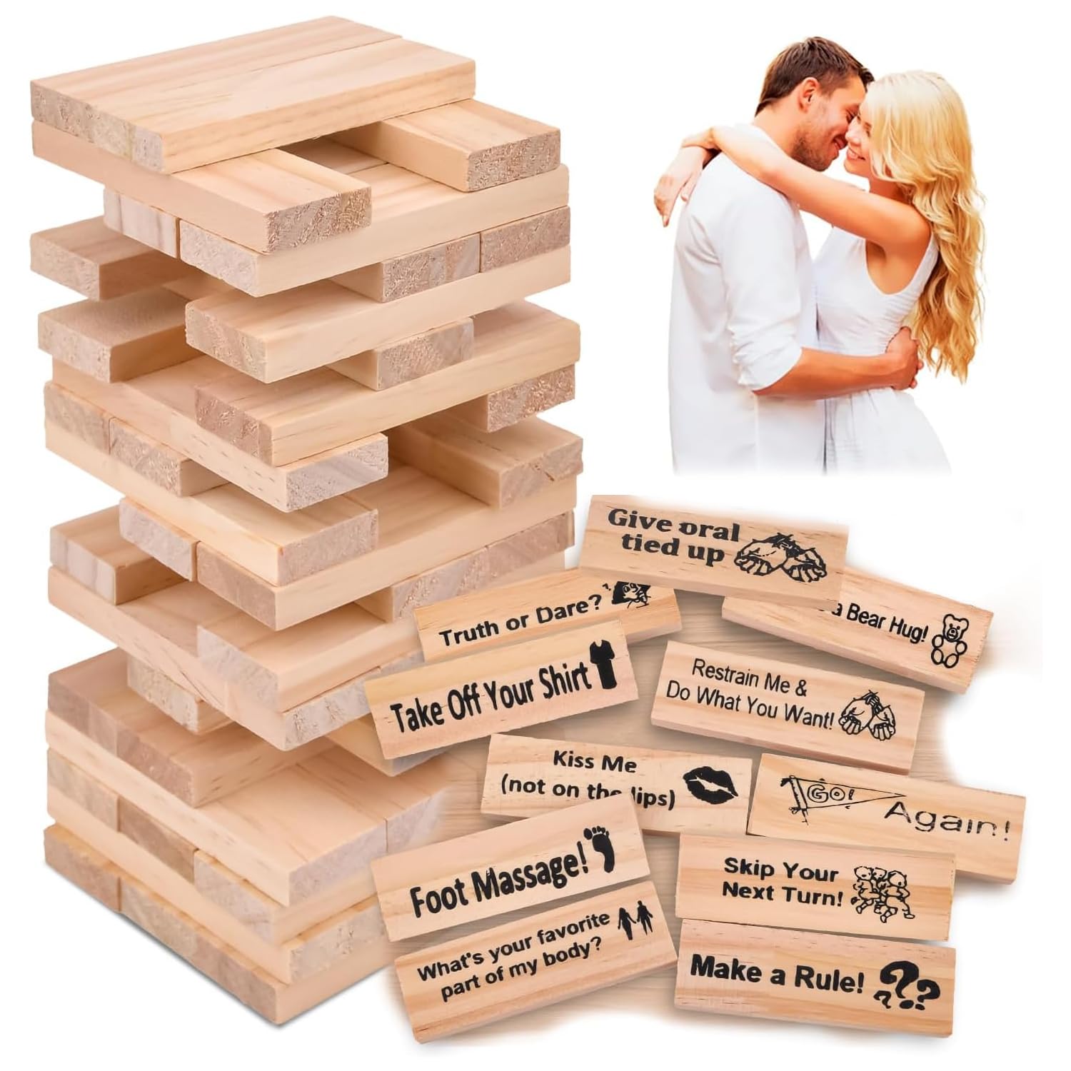 Xinrongda Lust Tower Couples Game, 48-Piece Valentine Tumbling Tower Stacking Blocks, Wooden Block Game Gifts for Adults Night Party